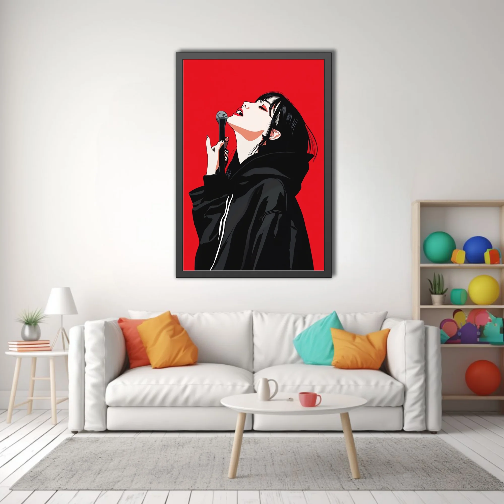 Bold graphic singer with microphone, black and red illustration, high contrast
