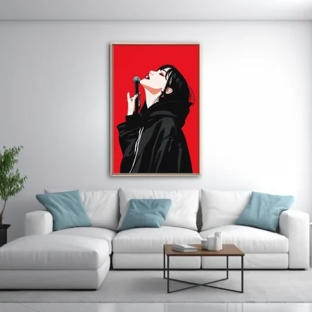 Bold graphic singer with microphone, black and red illustration, high contrast