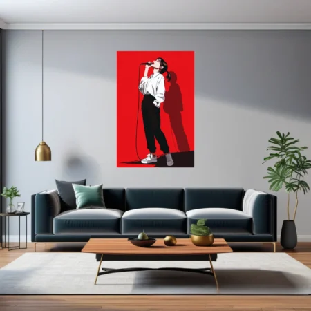 Bold graphic-style singer performing on red background, high contrast black and white