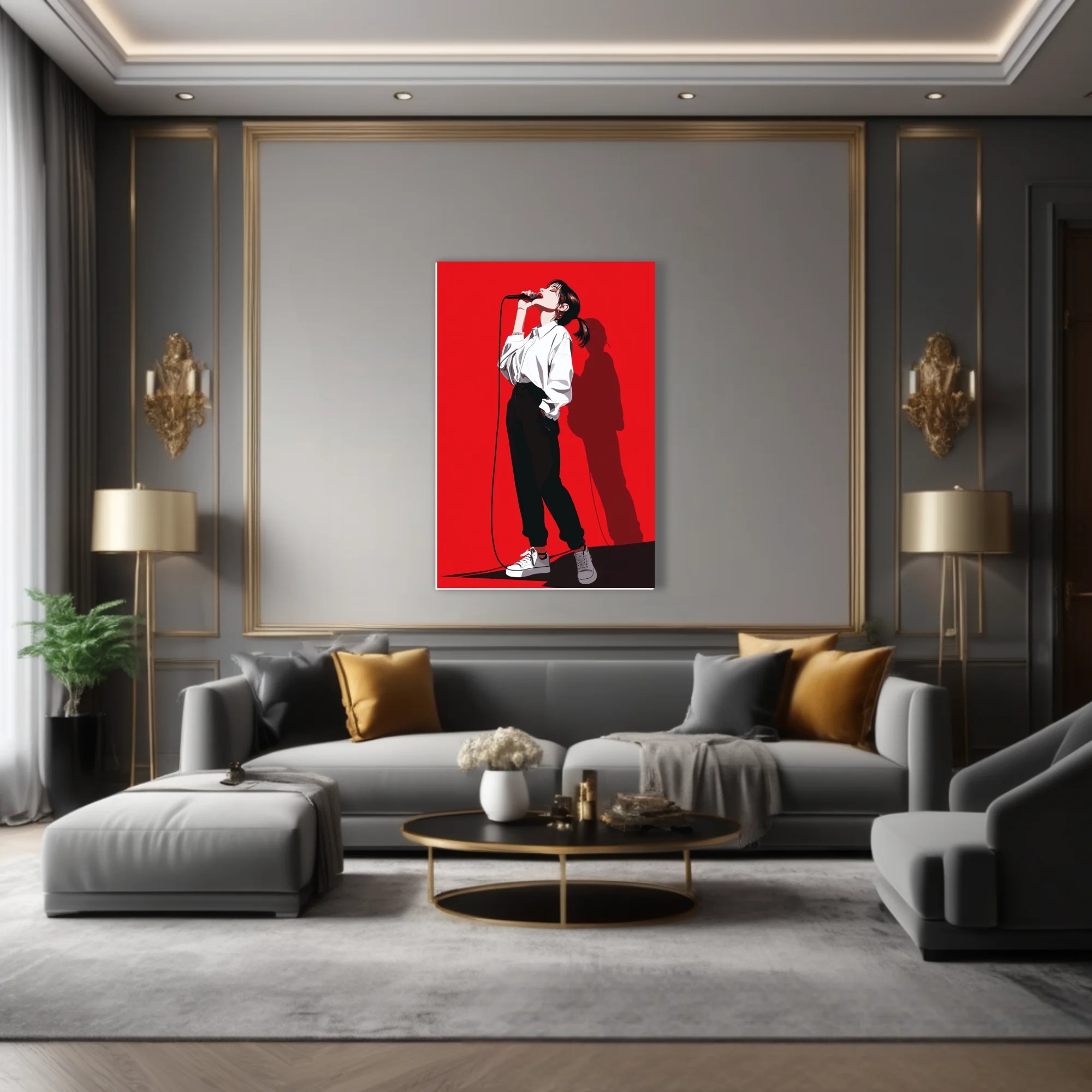 Bold graphic-style singer performing on red background, high contrast black and white