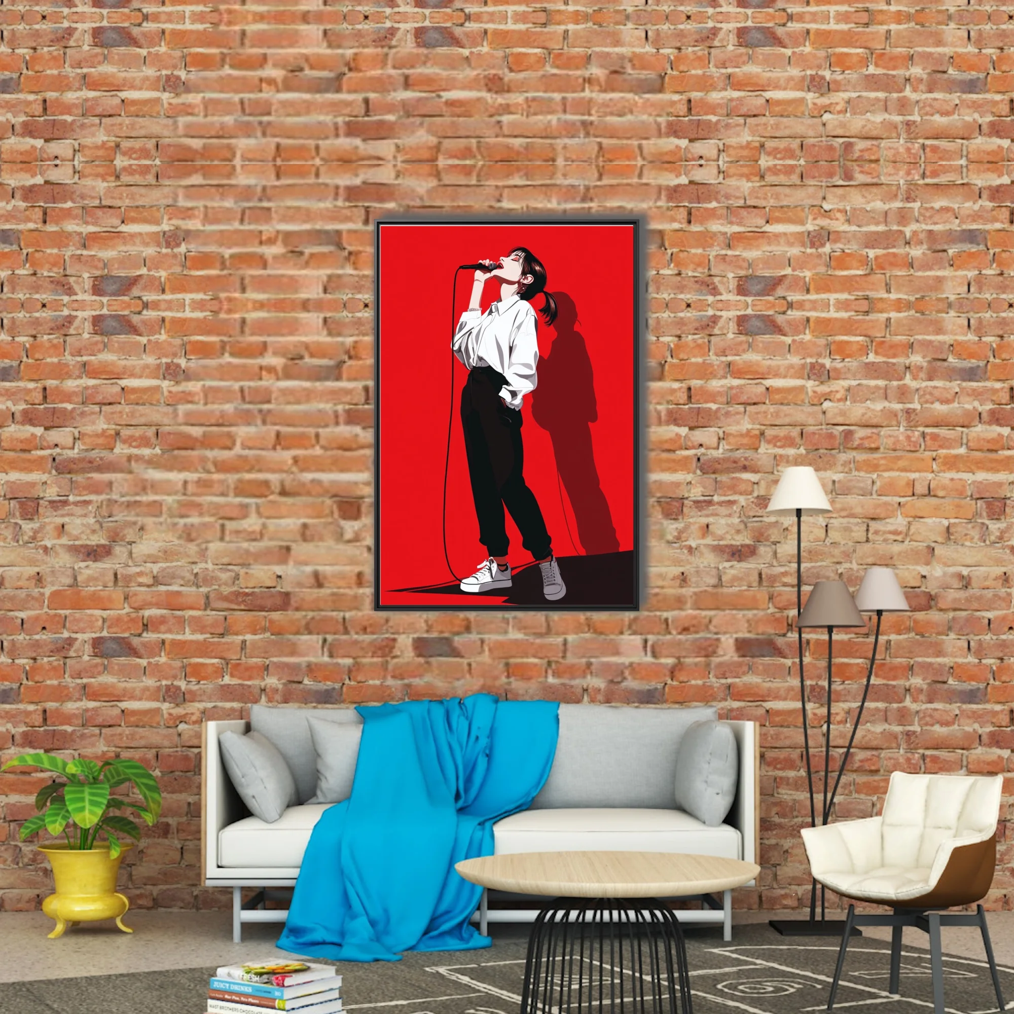 Bold graphic-style singer performing on red background, high contrast black and white