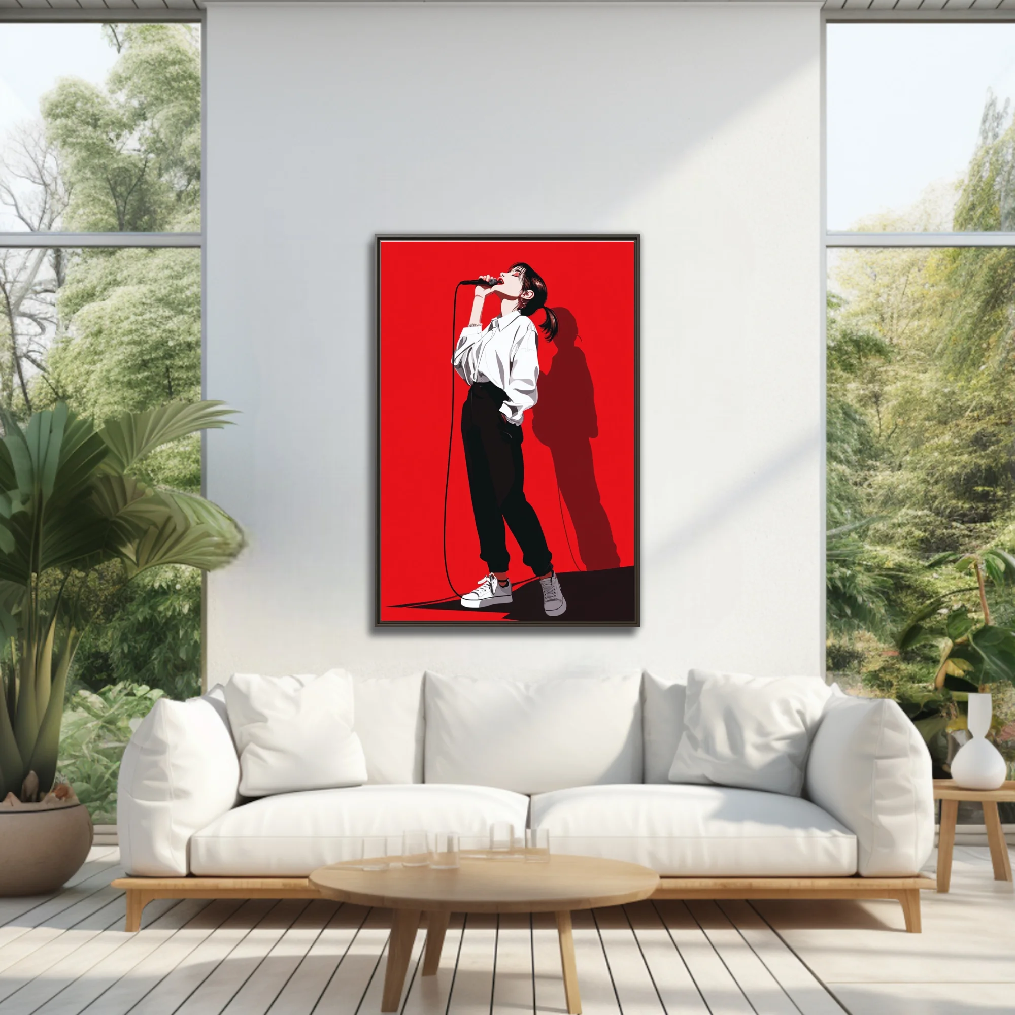 Bold graphic-style singer performing on red background, high contrast black and white