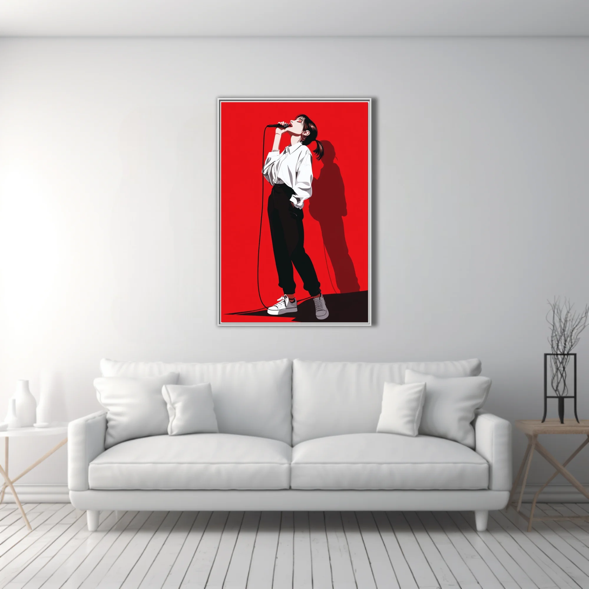 Bold graphic-style singer performing on red background, high contrast black and white