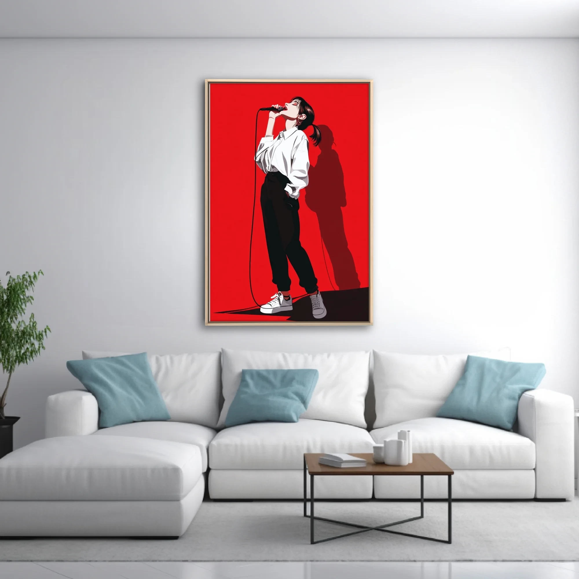 Bold graphic-style singer performing on red background, high contrast black and white