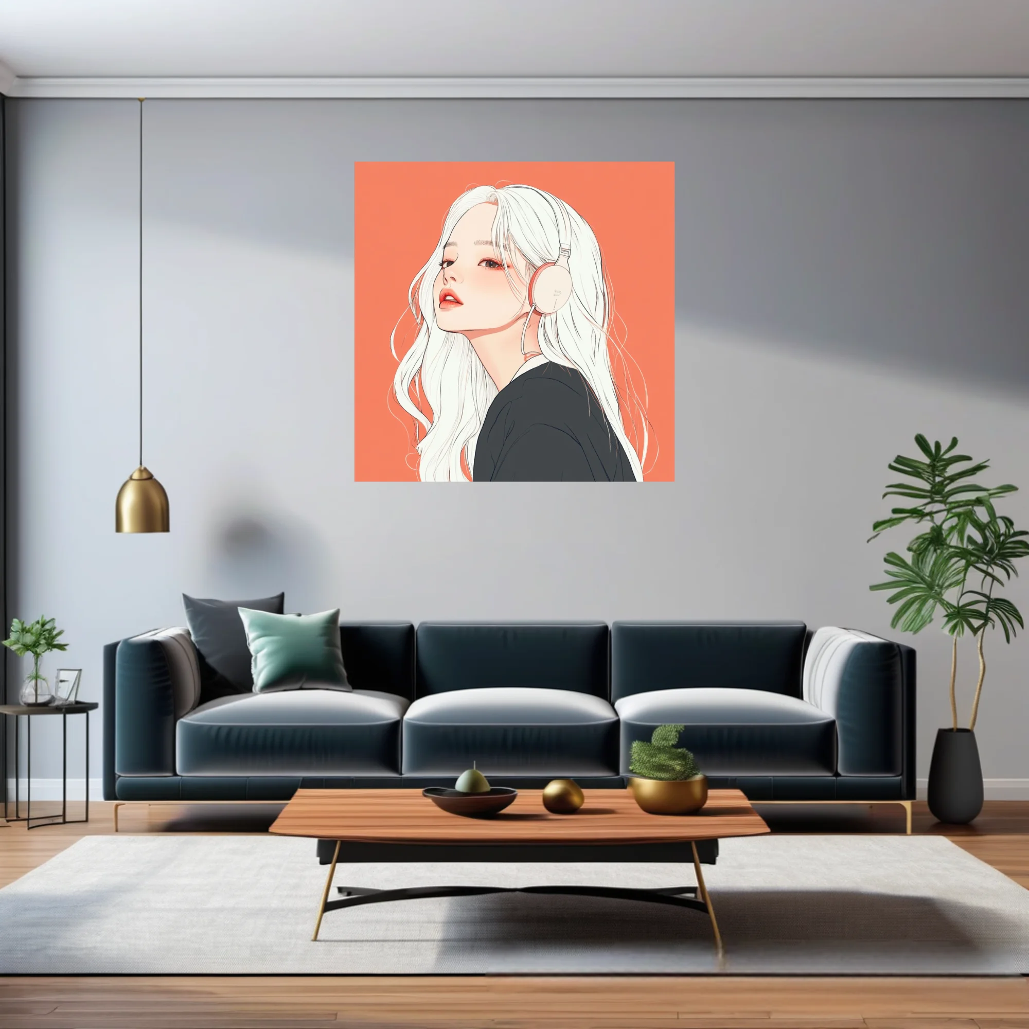Korean illustration-style portrait, white-haired figure with headphones, coral background