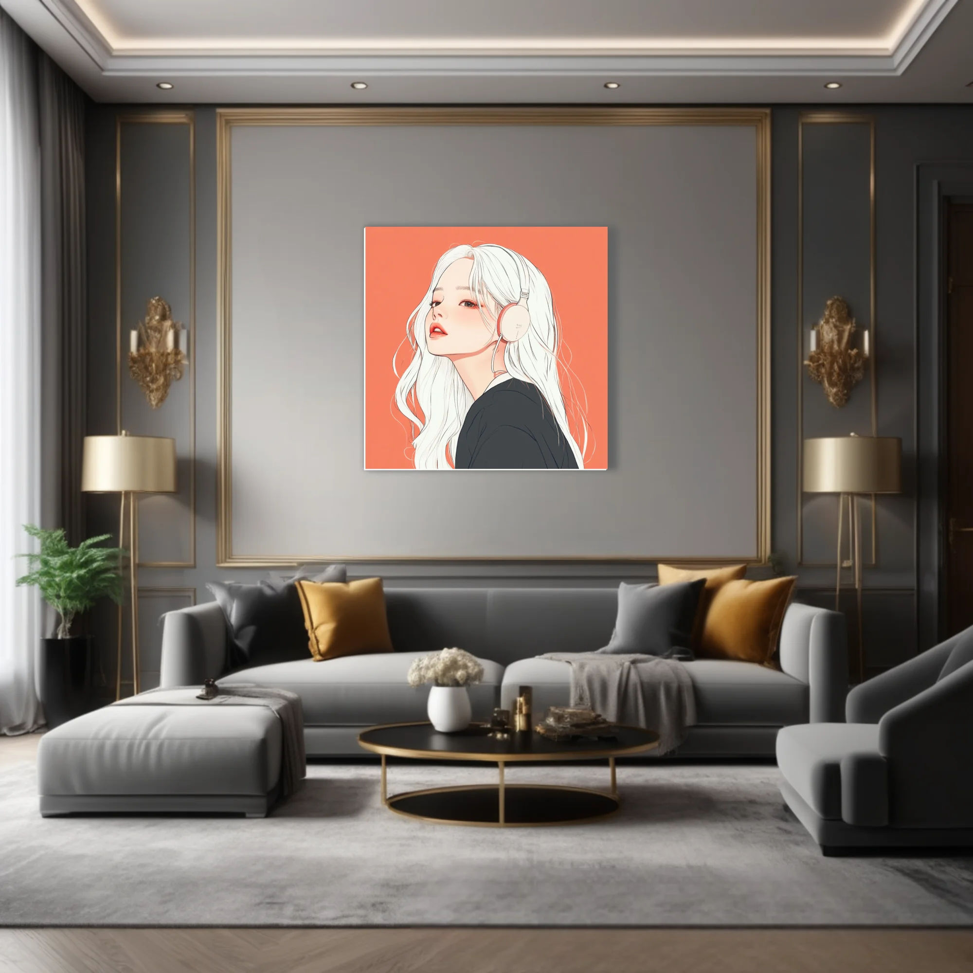 Korean illustration-style portrait, white-haired figure with headphones, coral background