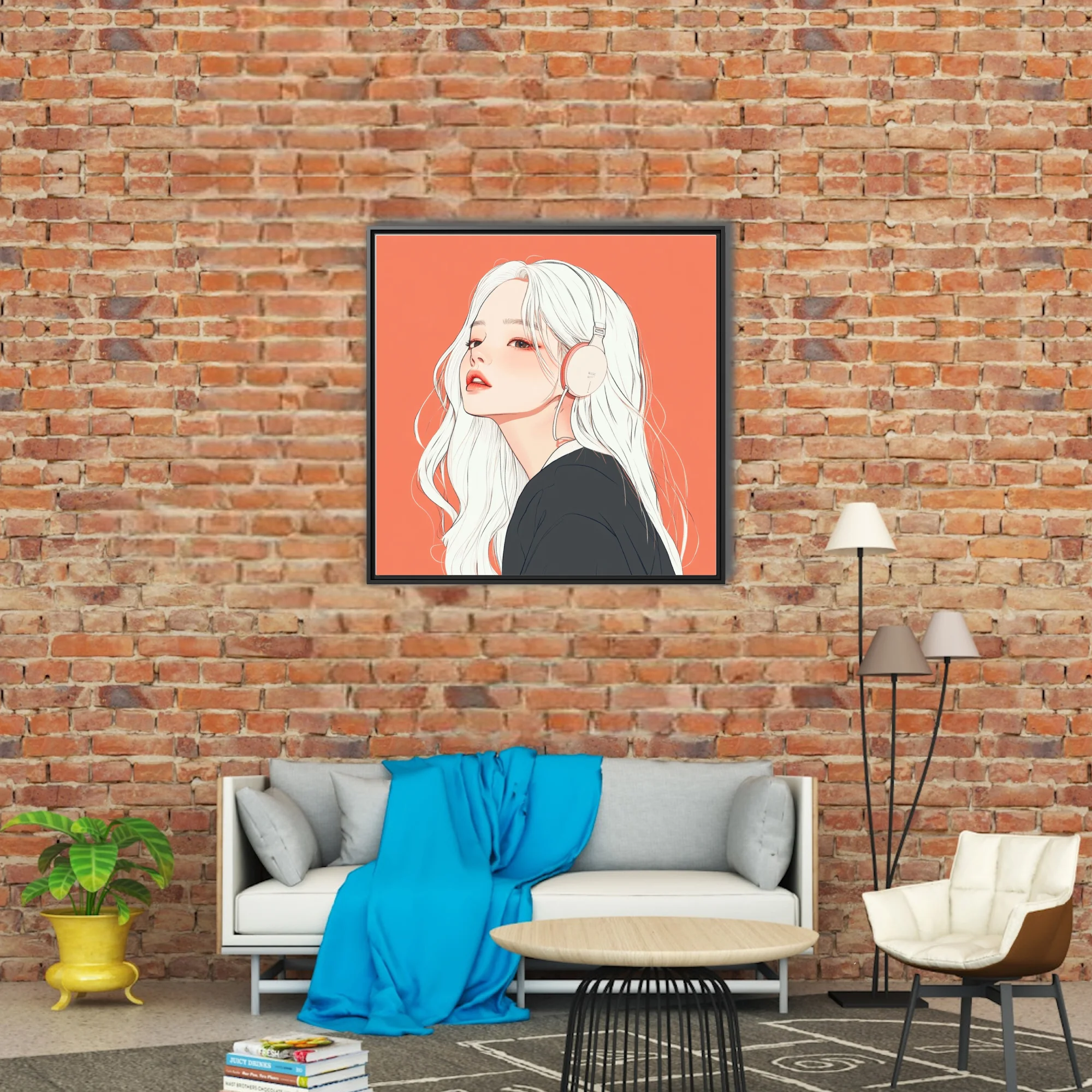 Korean illustration-style portrait, white-haired figure with headphones, coral background