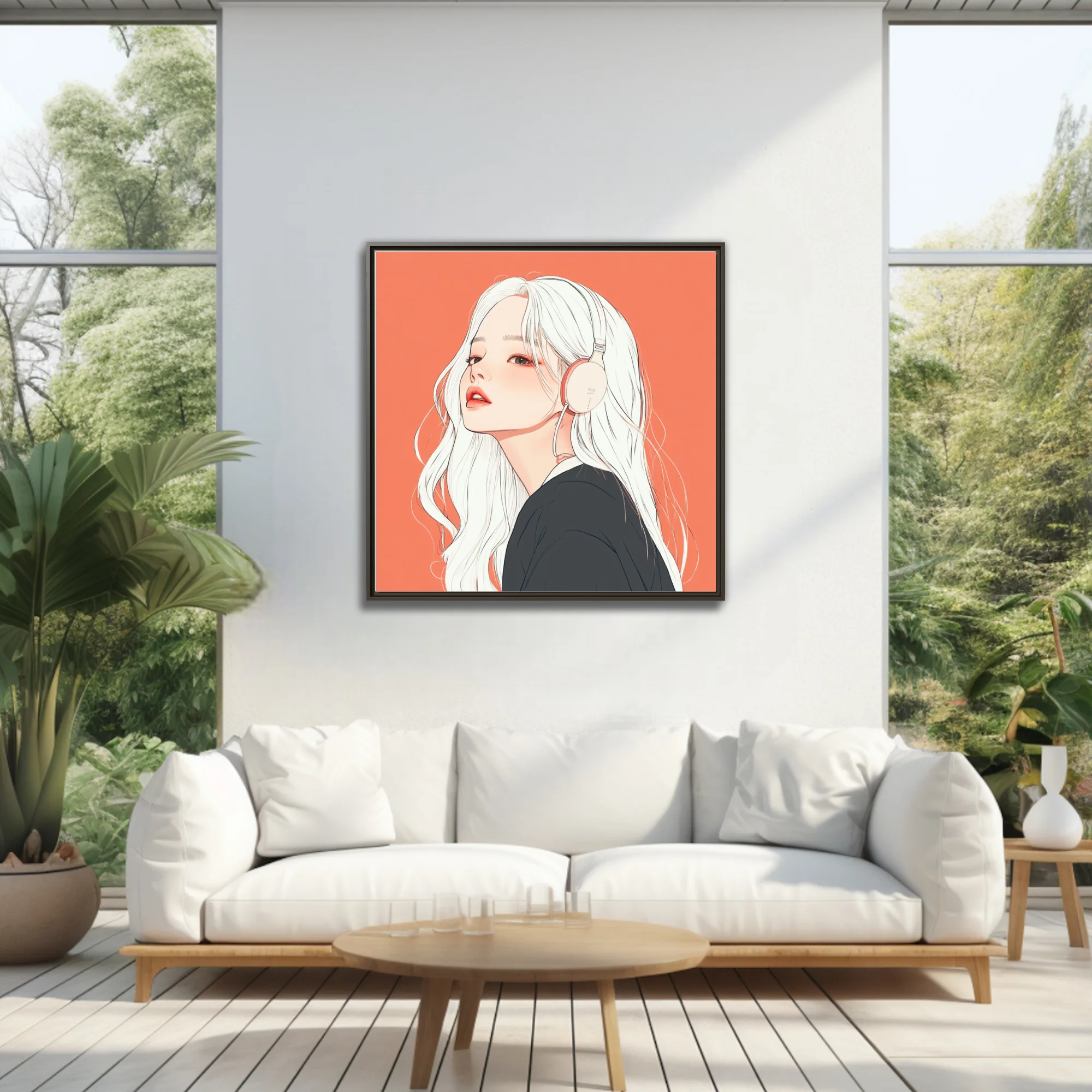 Korean illustration-style portrait, white-haired figure with headphones, coral background