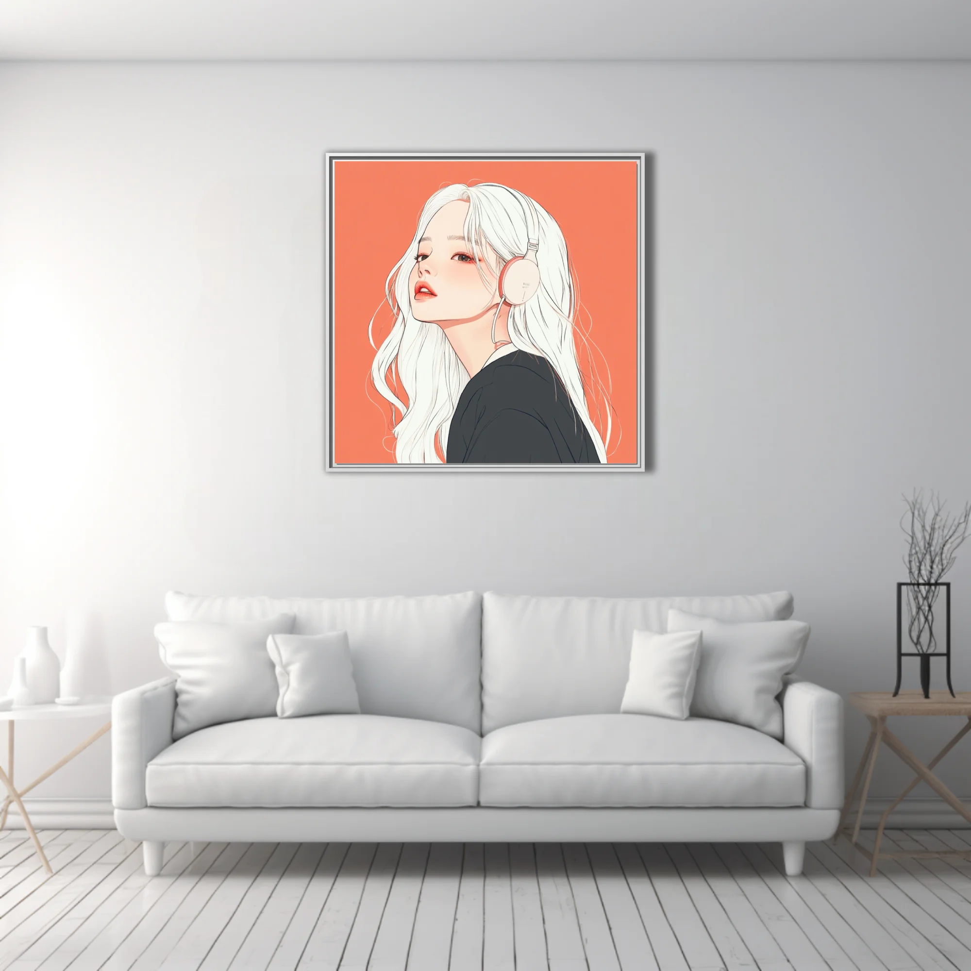 Korean illustration-style portrait, white-haired figure with headphones, coral background