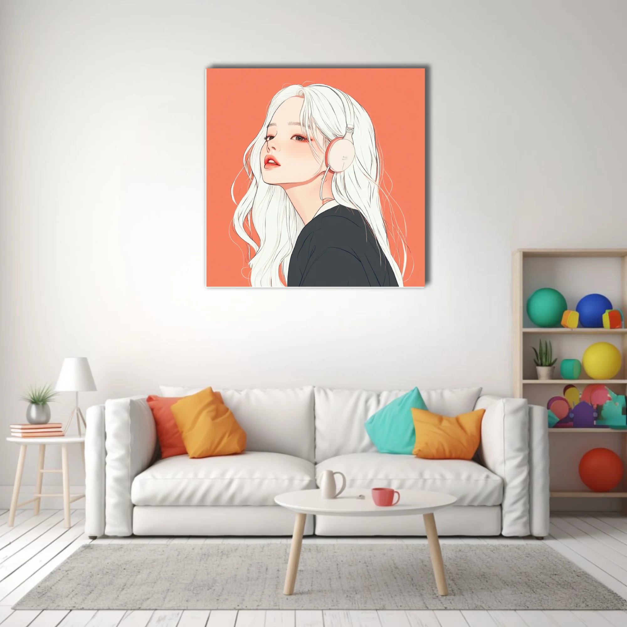 Korean illustration-style portrait, white-haired figure with headphones, coral background