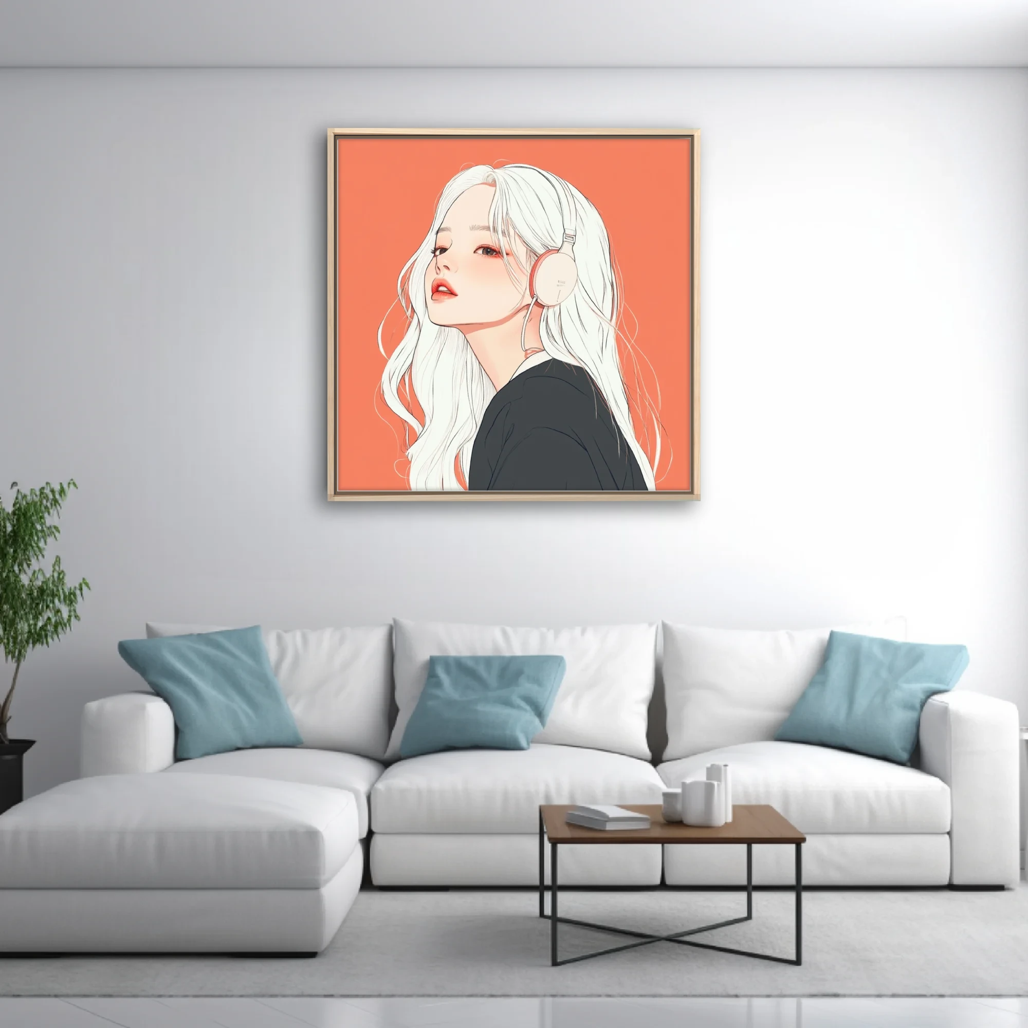 Korean illustration-style portrait, white-haired figure with headphones, coral background