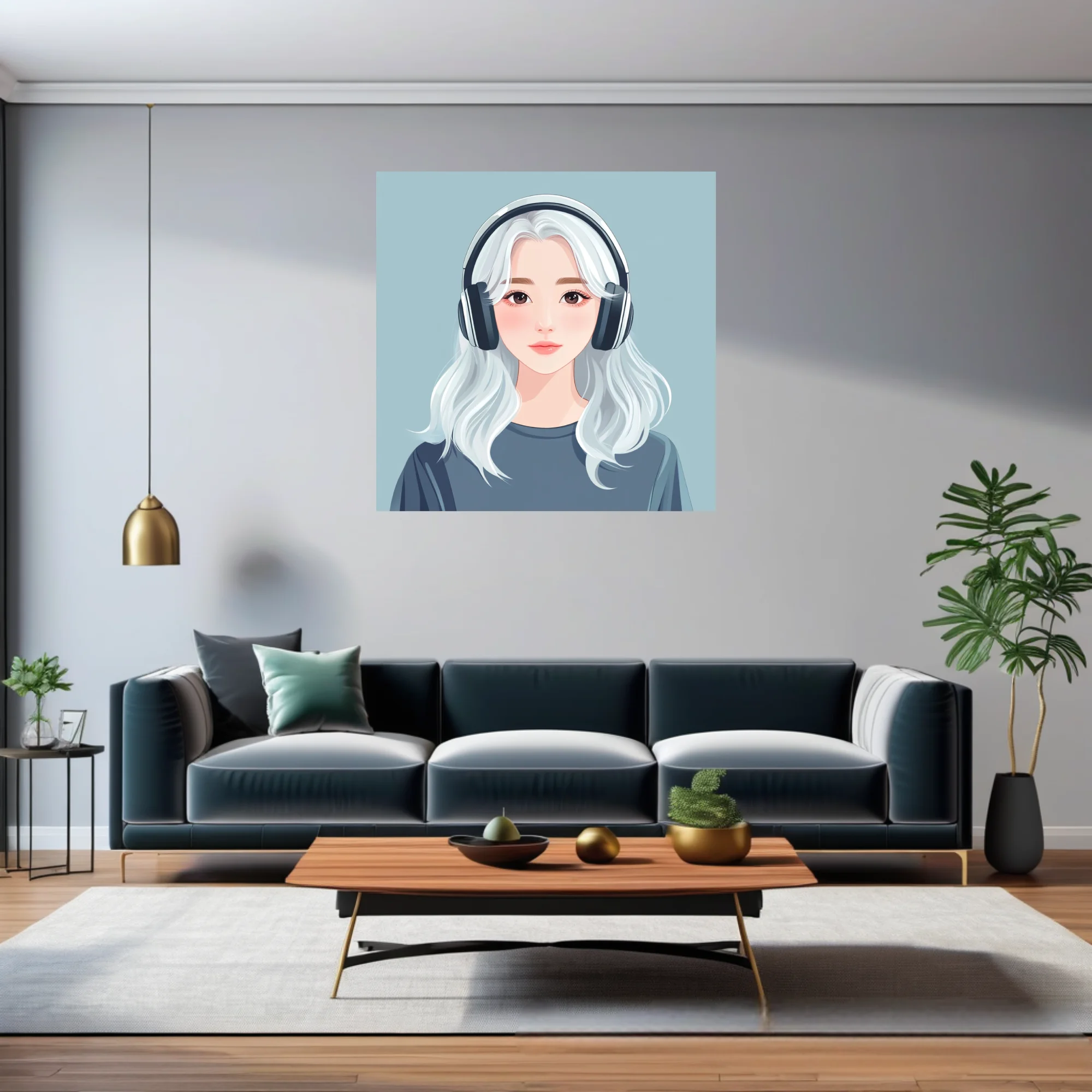 Minimalist stylized portrait illustration, white-haired girl with headphones, soft pastel tones