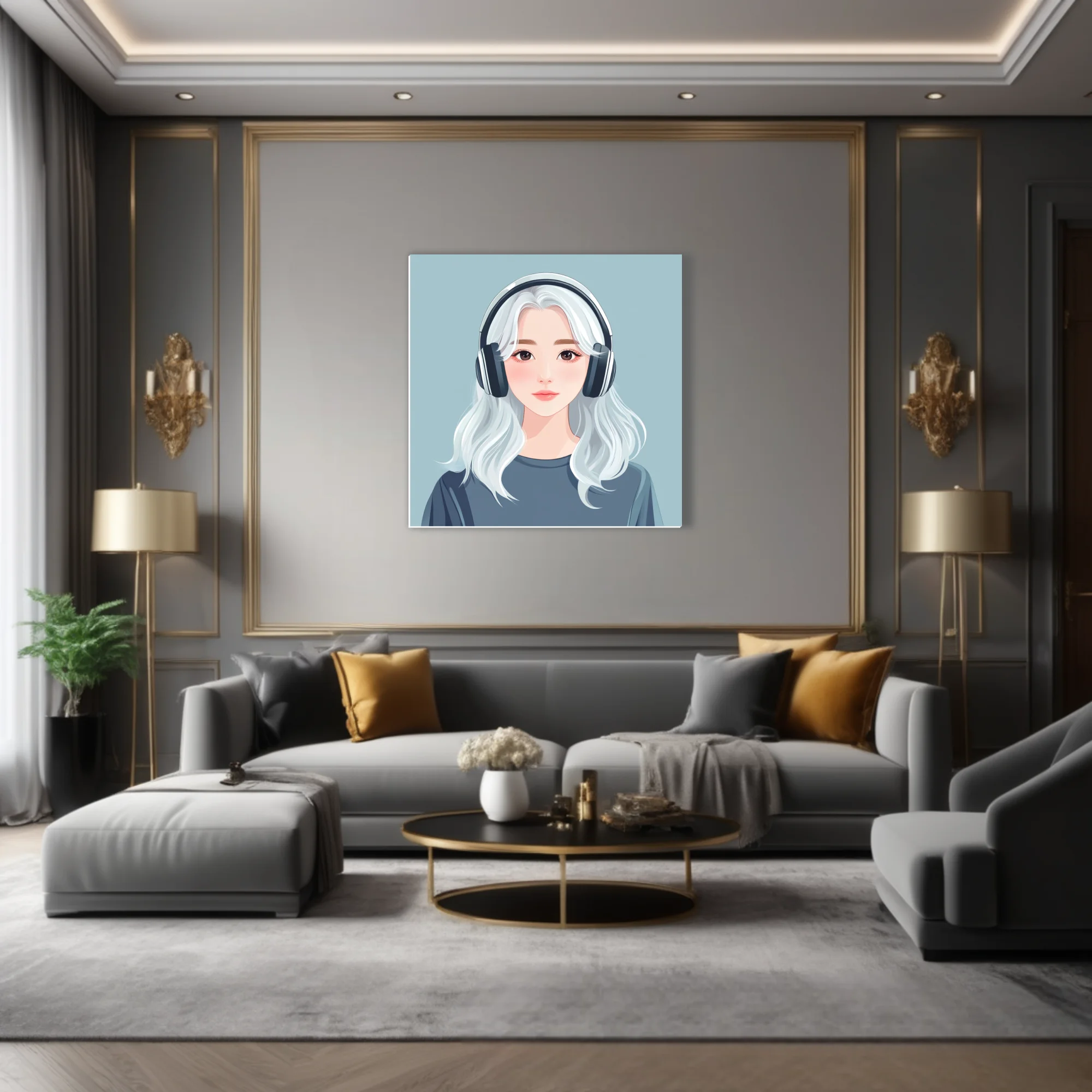 Minimalist stylized portrait illustration, white-haired girl with headphones, soft pastel tones