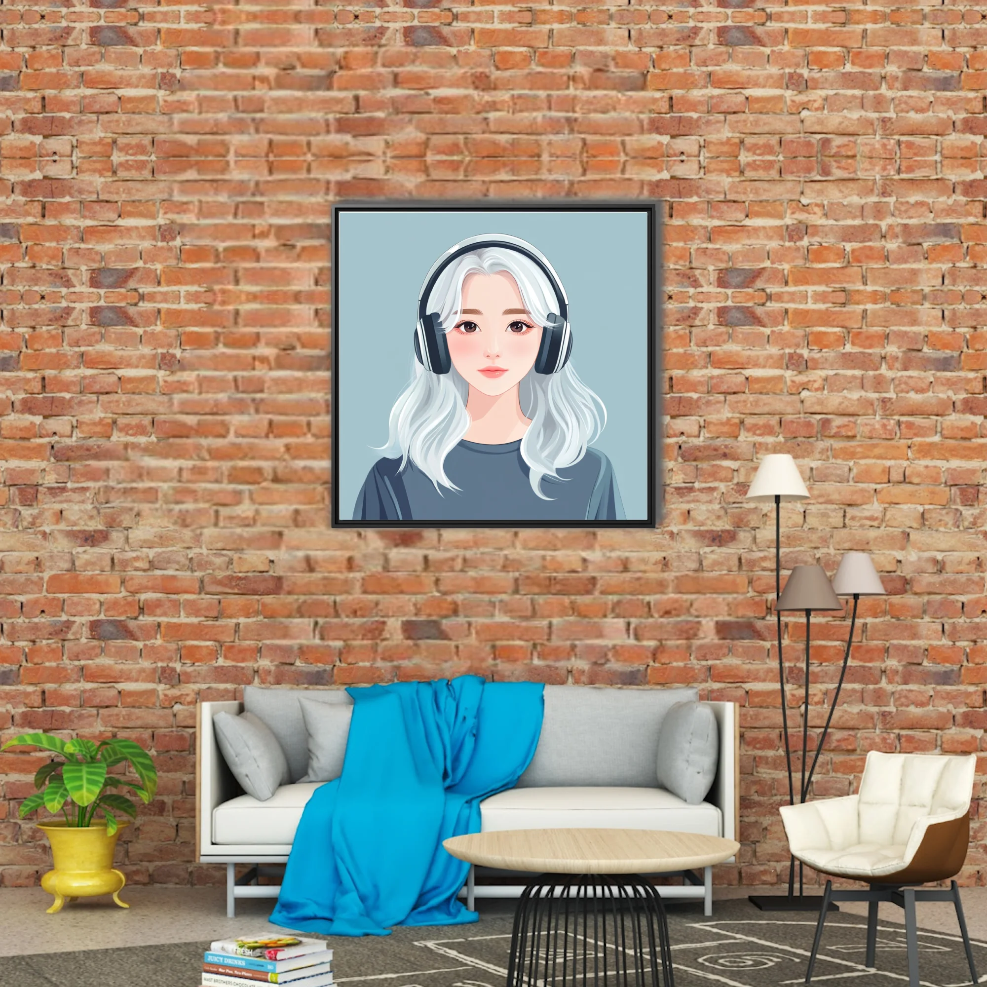 Minimalist stylized portrait illustration, white-haired girl with headphones, soft pastel tones