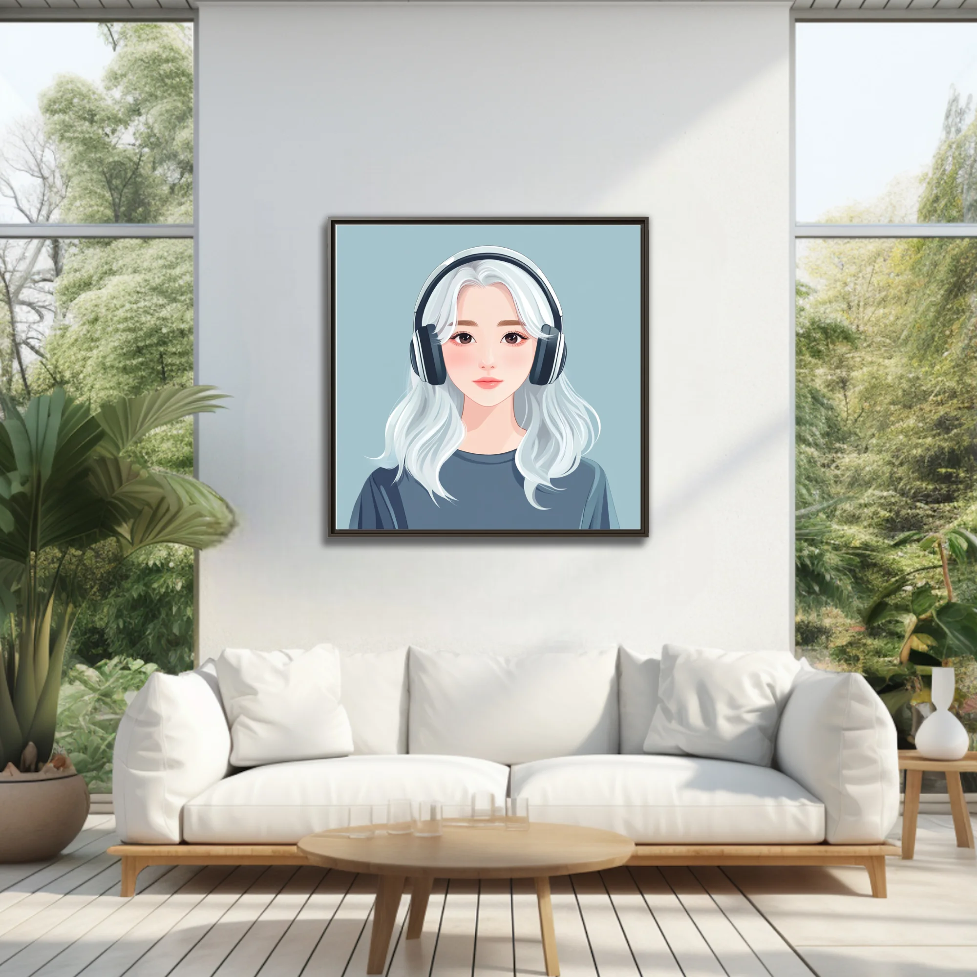 Minimalist stylized portrait illustration, white-haired girl with headphones, soft pastel tones