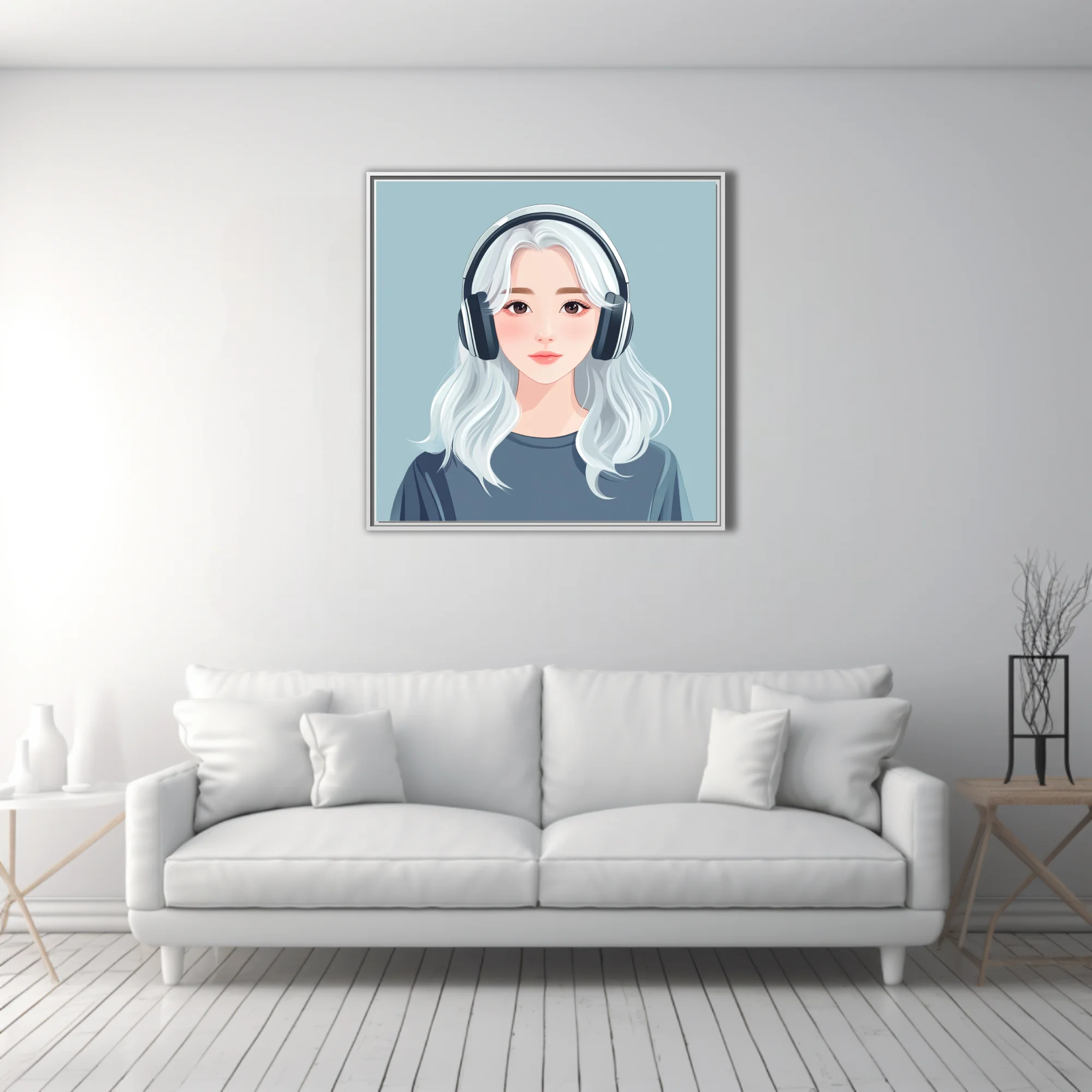 Minimalist stylized portrait illustration, white-haired girl with headphones, soft pastel tones