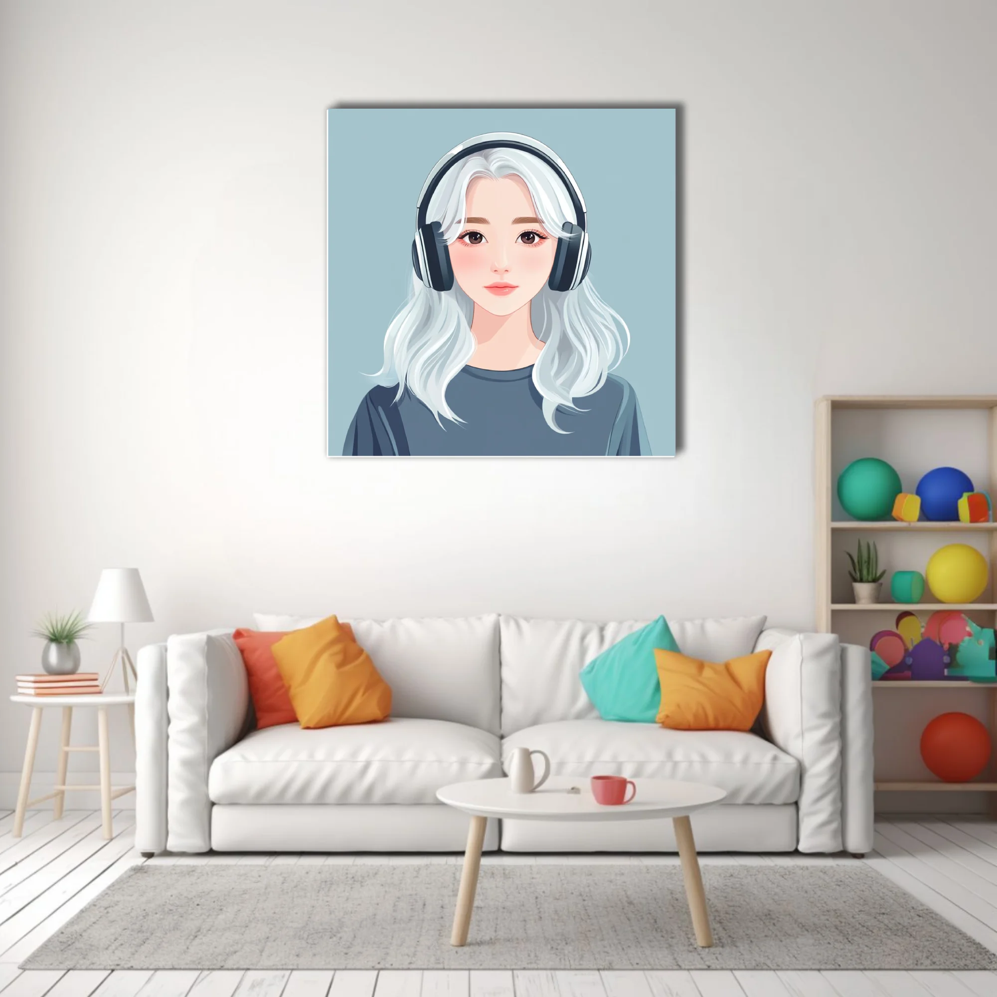Minimalist stylized portrait illustration, white-haired girl with headphones, soft pastel tones