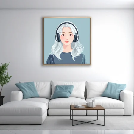 Minimalist stylized portrait illustration, white-haired girl with headphones, soft pastel tones