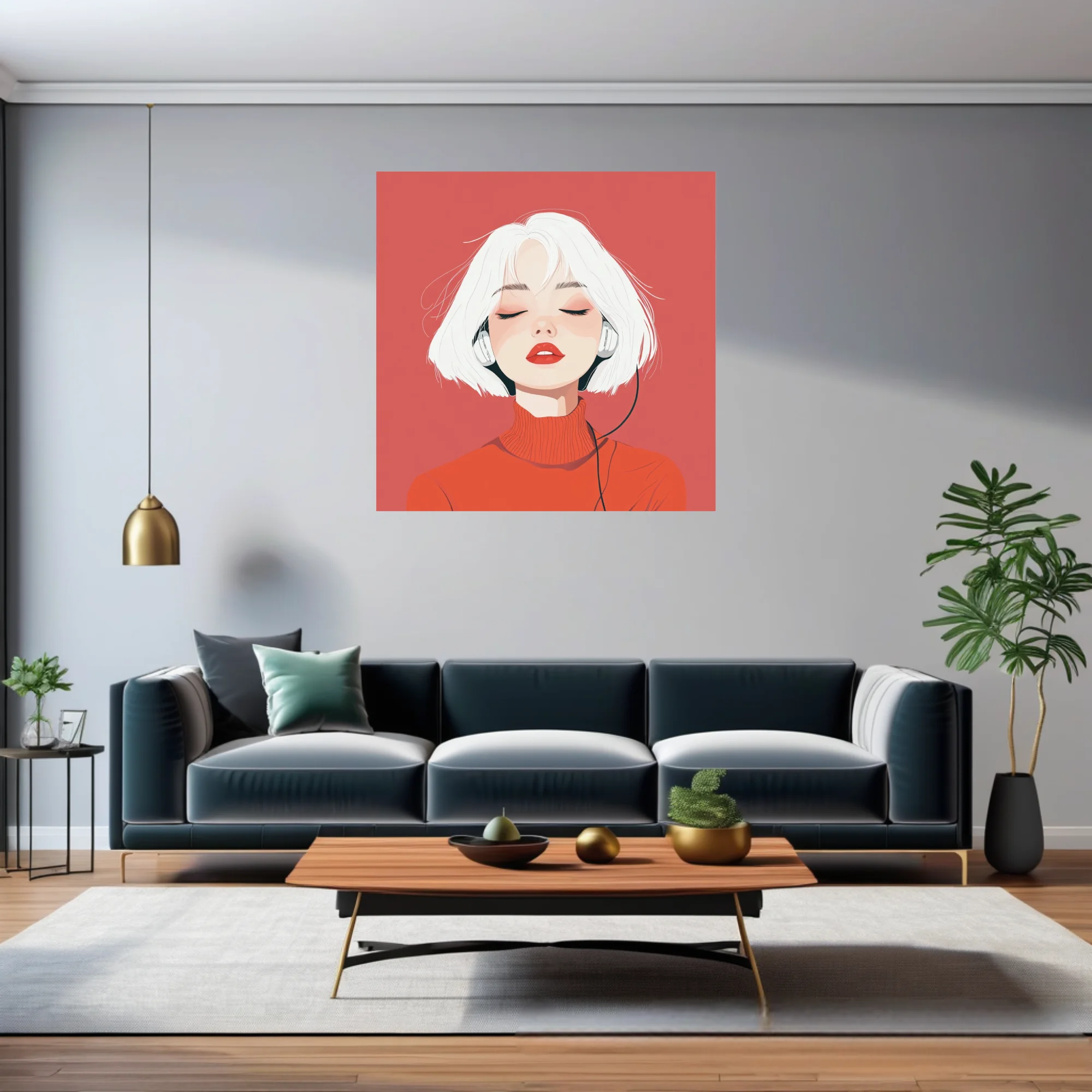 Minimalist flat-style portrait illustration of a figure with white hair and red turtleneck wearing headphones
