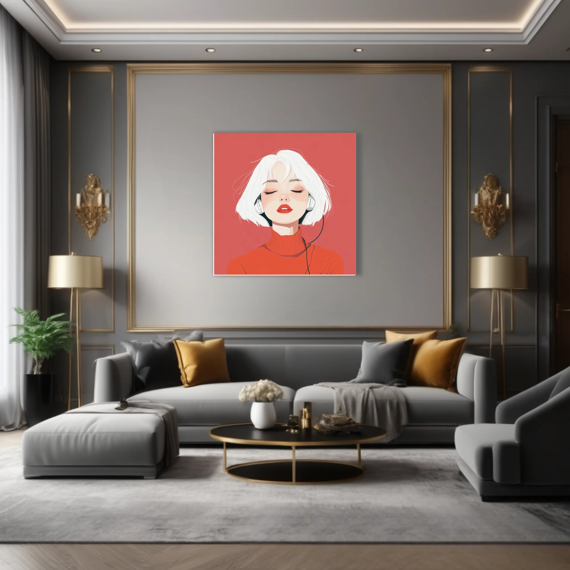 Minimalist flat-style portrait illustration of a figure with white hair and red turtleneck wearing headphones