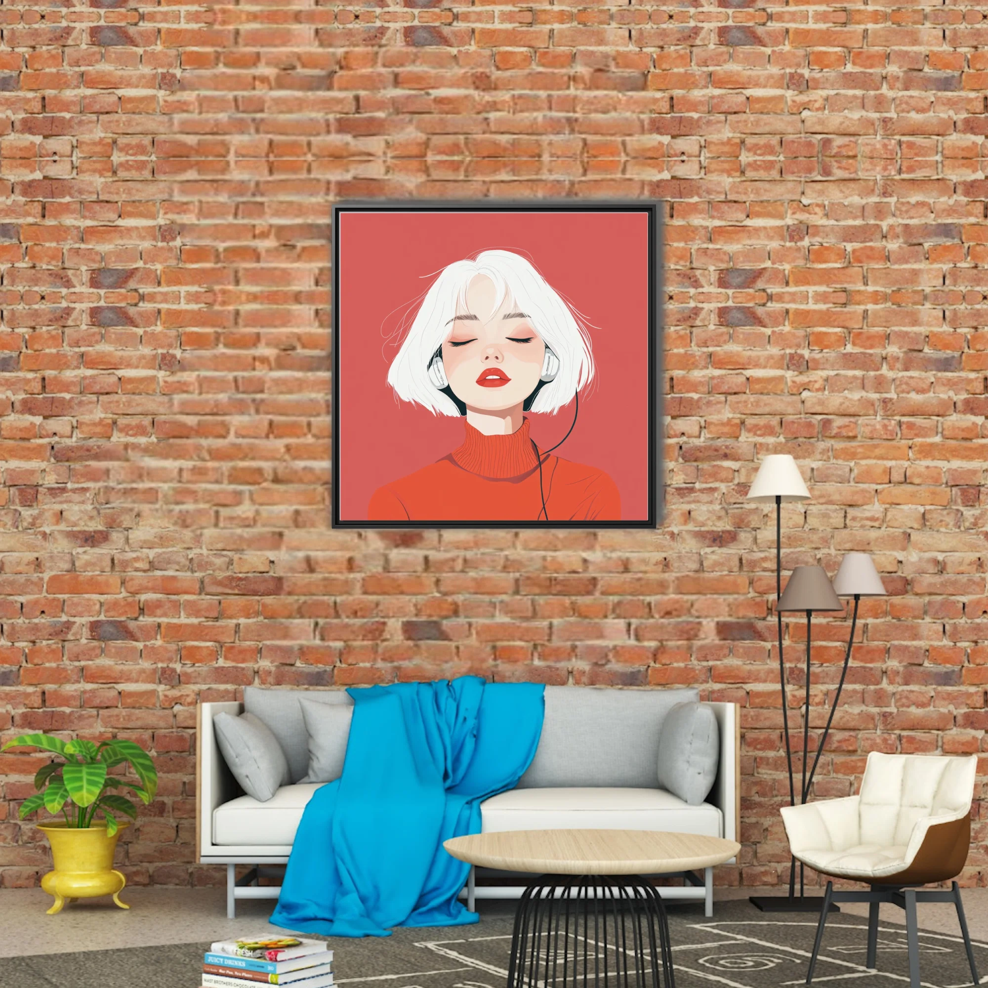 Minimalist flat-style portrait illustration of a figure with white hair and red turtleneck wearing headphones