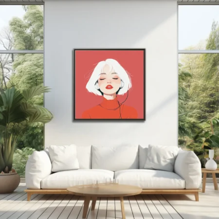 Minimalist flat-style portrait illustration of a figure with white hair and red turtleneck wearing headphones