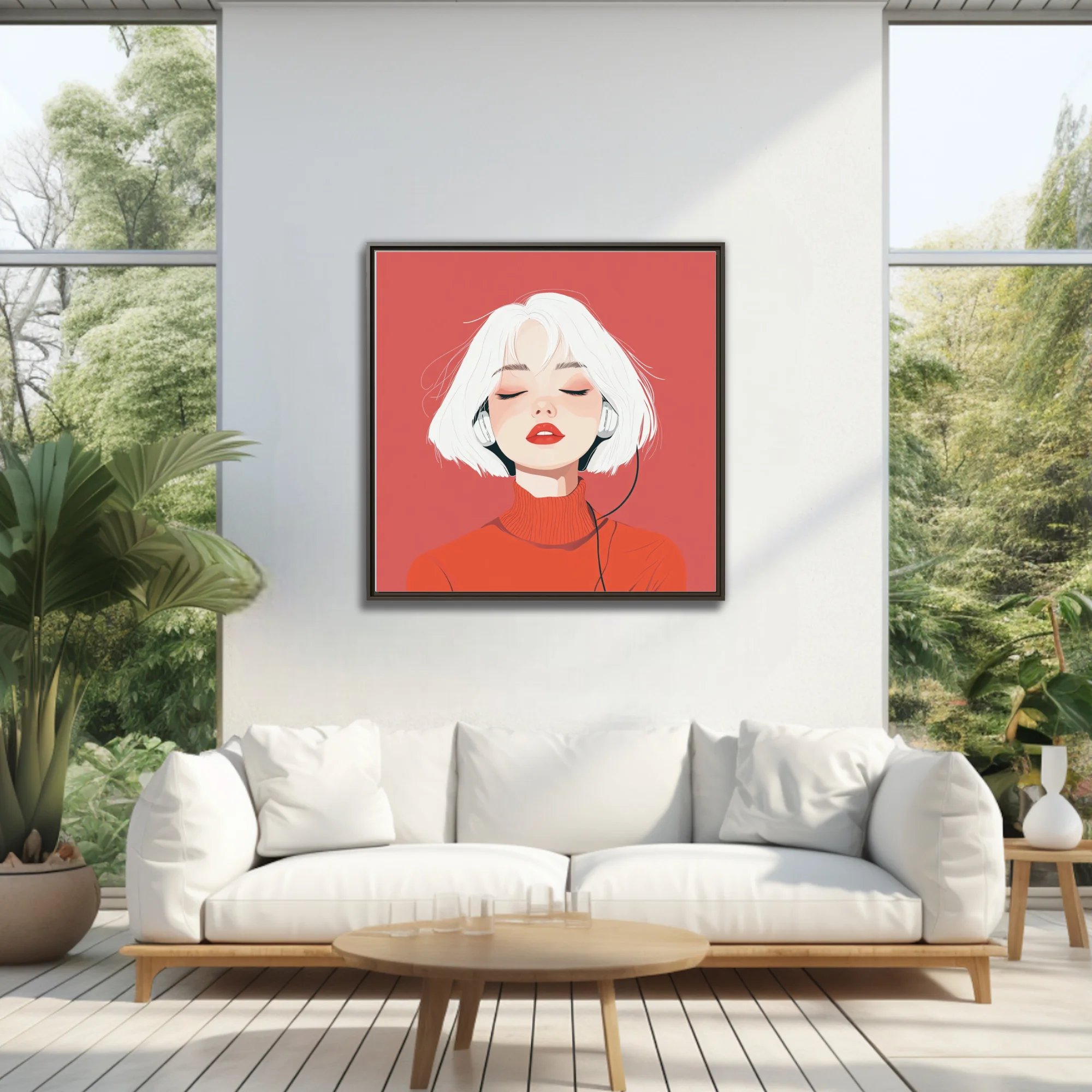 Minimalist flat-style portrait illustration of a figure with white hair and red turtleneck wearing headphones