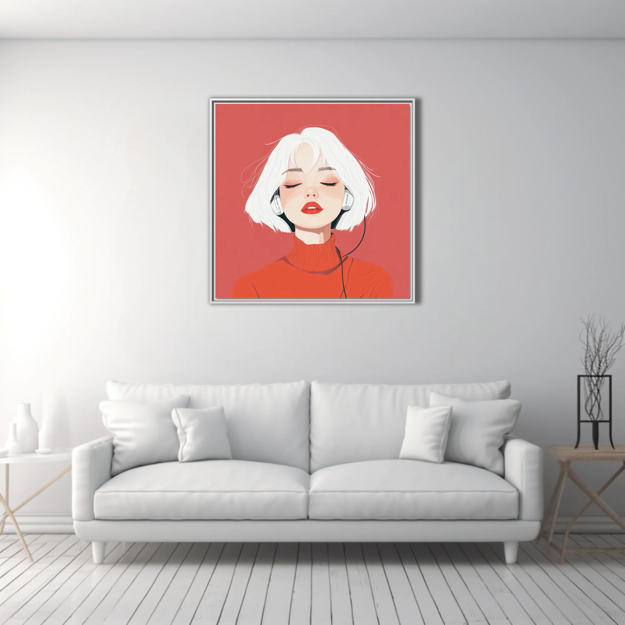 Minimalist flat-style portrait illustration of a figure with white hair and red turtleneck wearing headphones