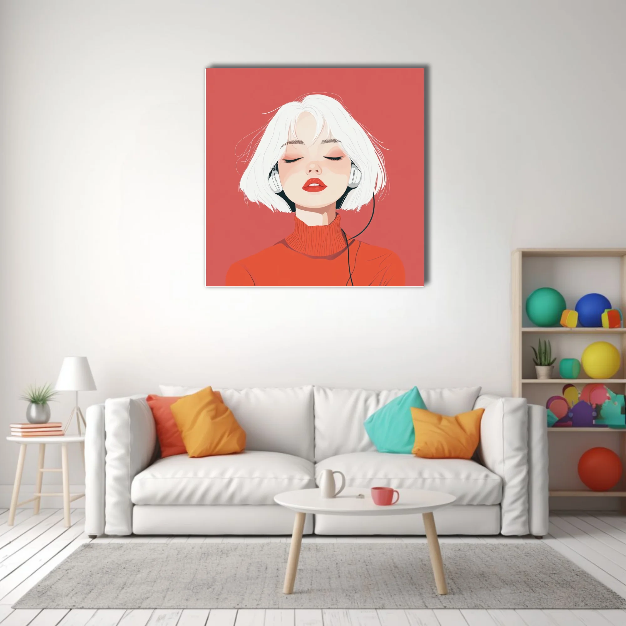 Minimalist flat-style portrait illustration of a figure with white hair and red turtleneck wearing headphones