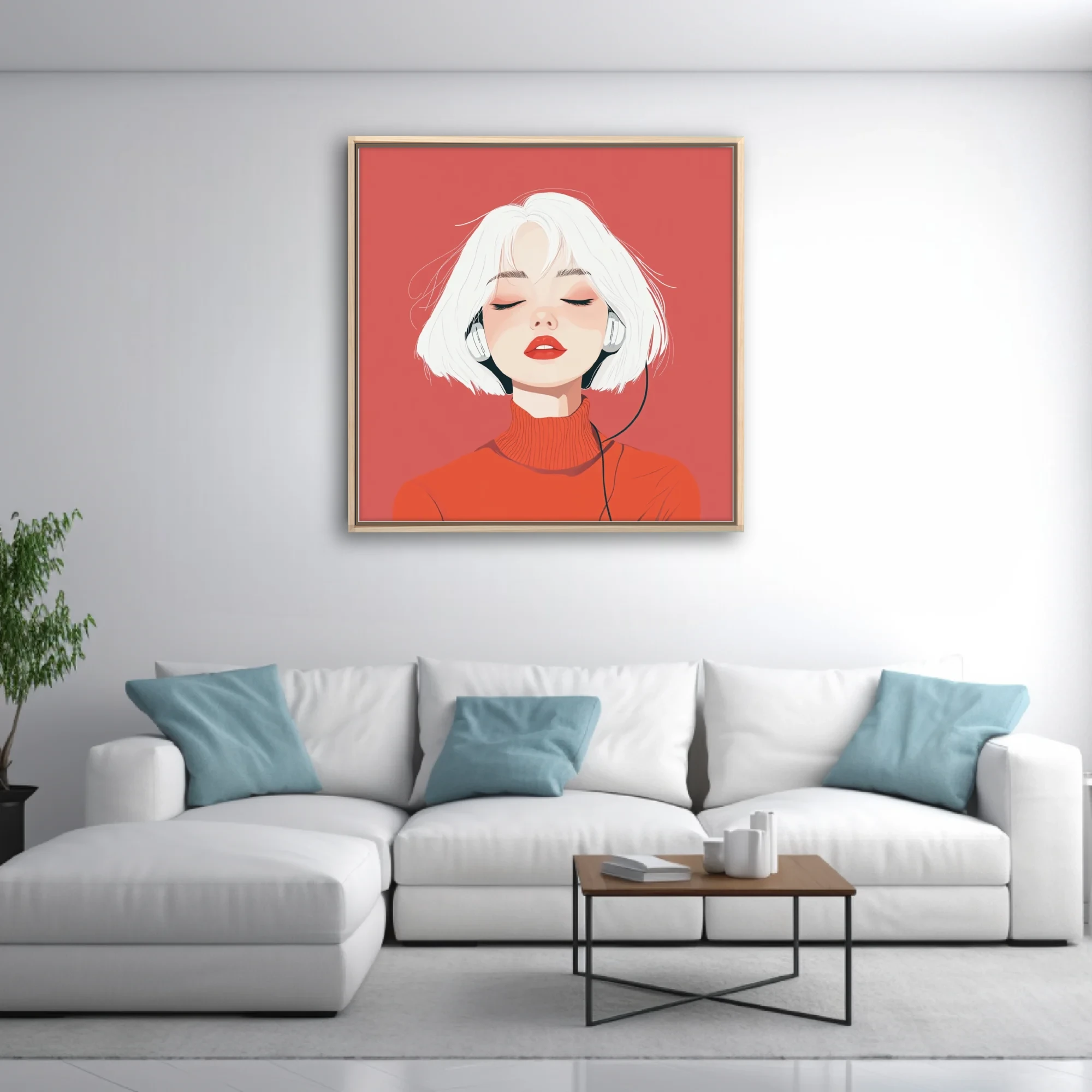 Minimalist flat-style portrait illustration of a figure with white hair and red turtleneck wearing headphones