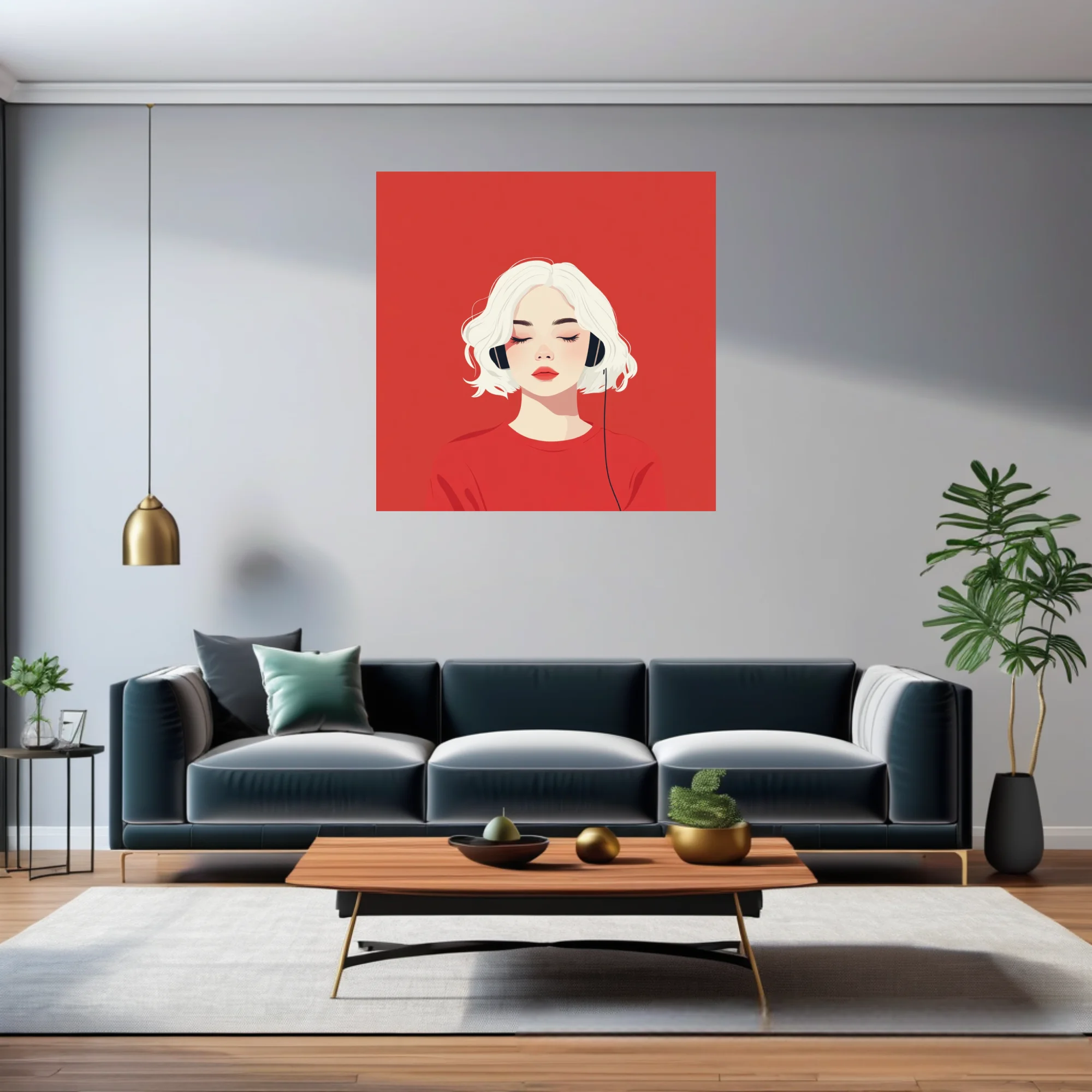 Minimalist flat graphic portrait of a woman in headphones, red palette, serene mood