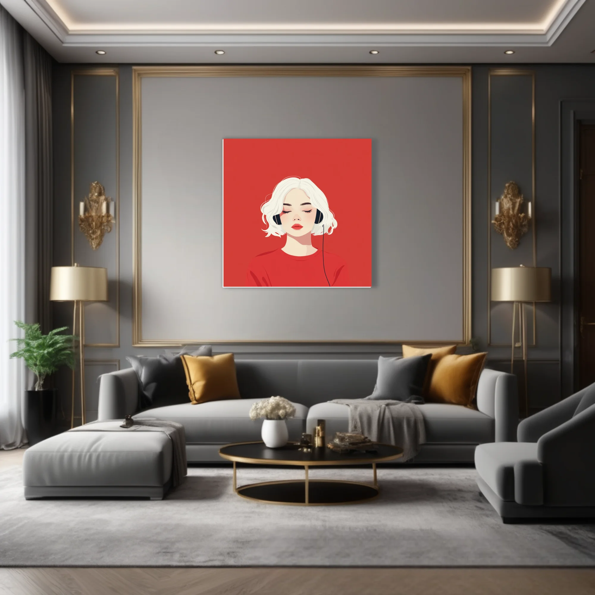 Minimalist flat graphic portrait of a woman in headphones, red palette, serene mood