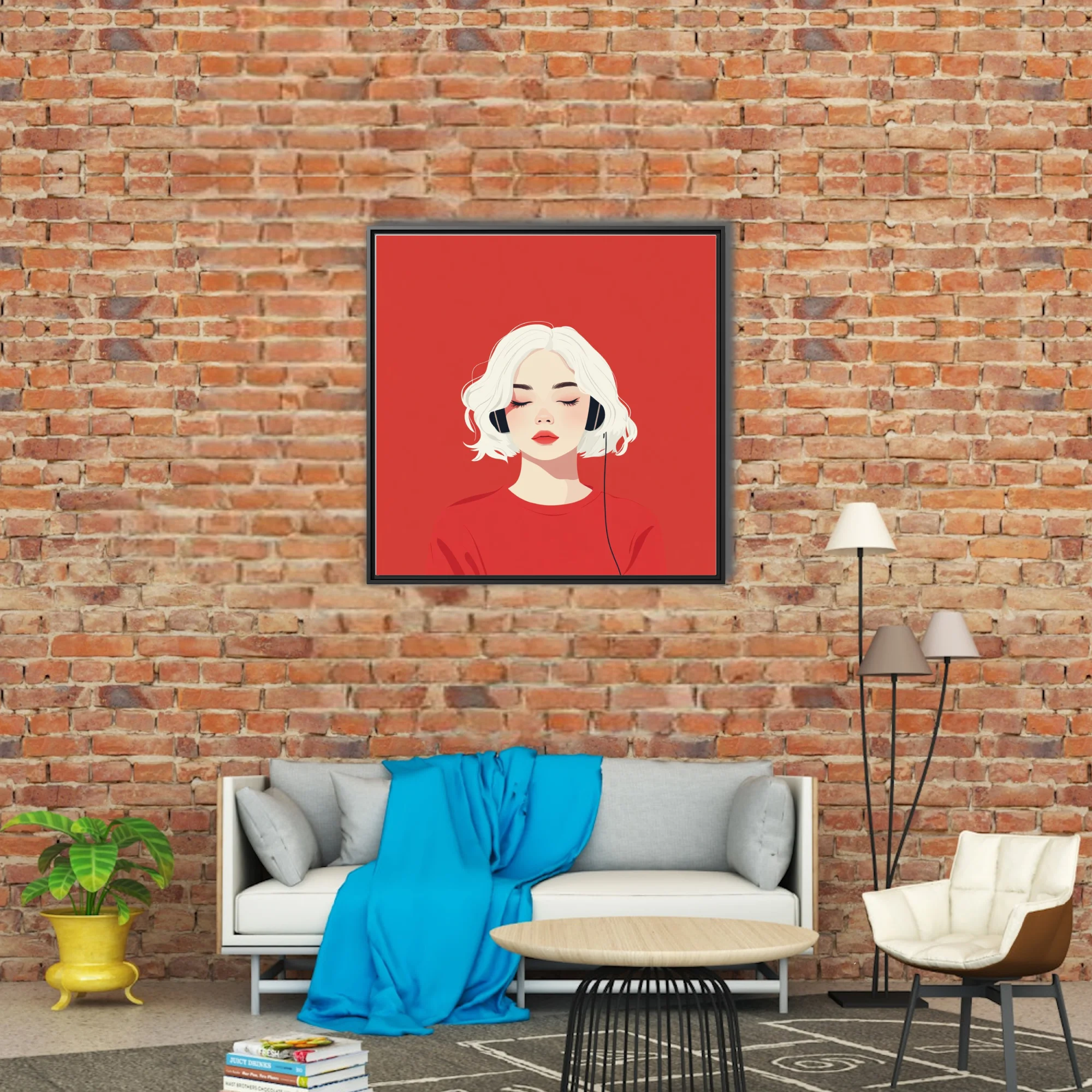 Minimalist flat graphic portrait of a woman in headphones, red palette, serene mood