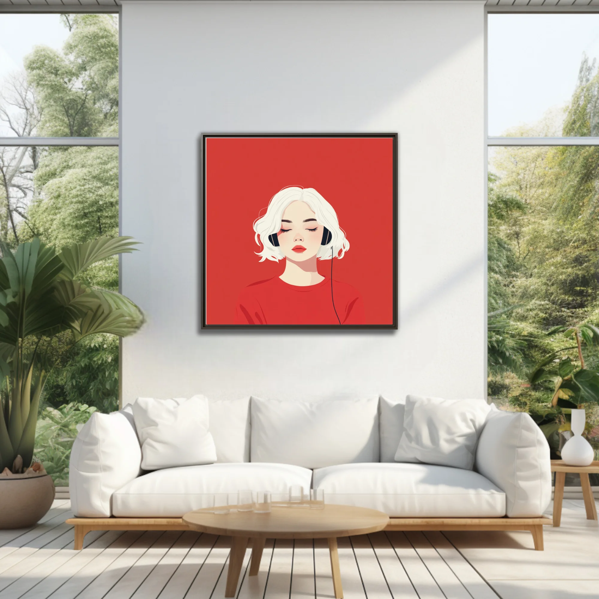 Minimalist flat graphic portrait of a woman in headphones, red palette, serene mood