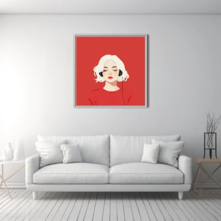Minimalist flat graphic portrait of a woman in headphones, red palette, serene mood
