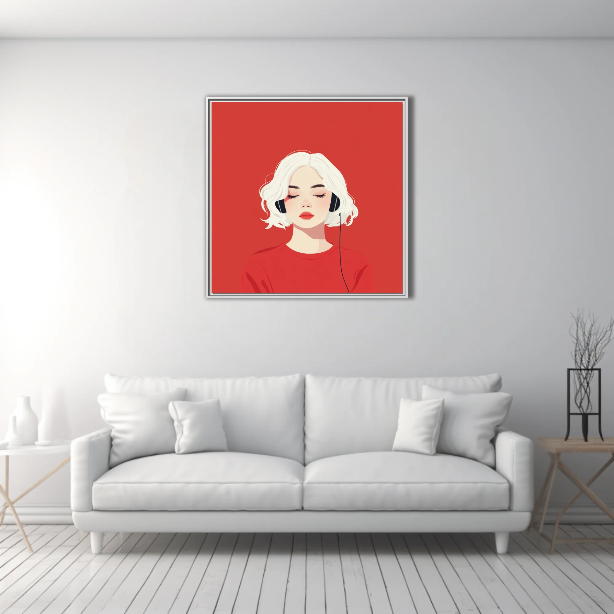 Minimalist flat graphic portrait of a woman in headphones, red palette, serene mood