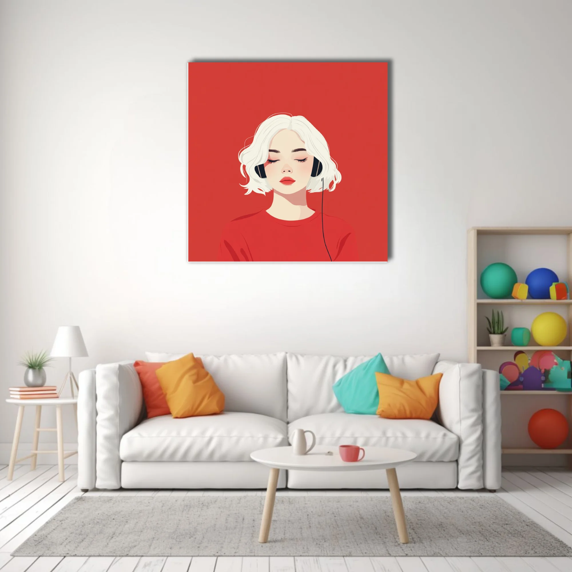 Minimalist flat graphic portrait of a woman in headphones, red palette, serene mood