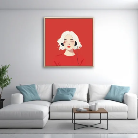 Minimalist flat graphic portrait of a woman in headphones, red palette, serene mood