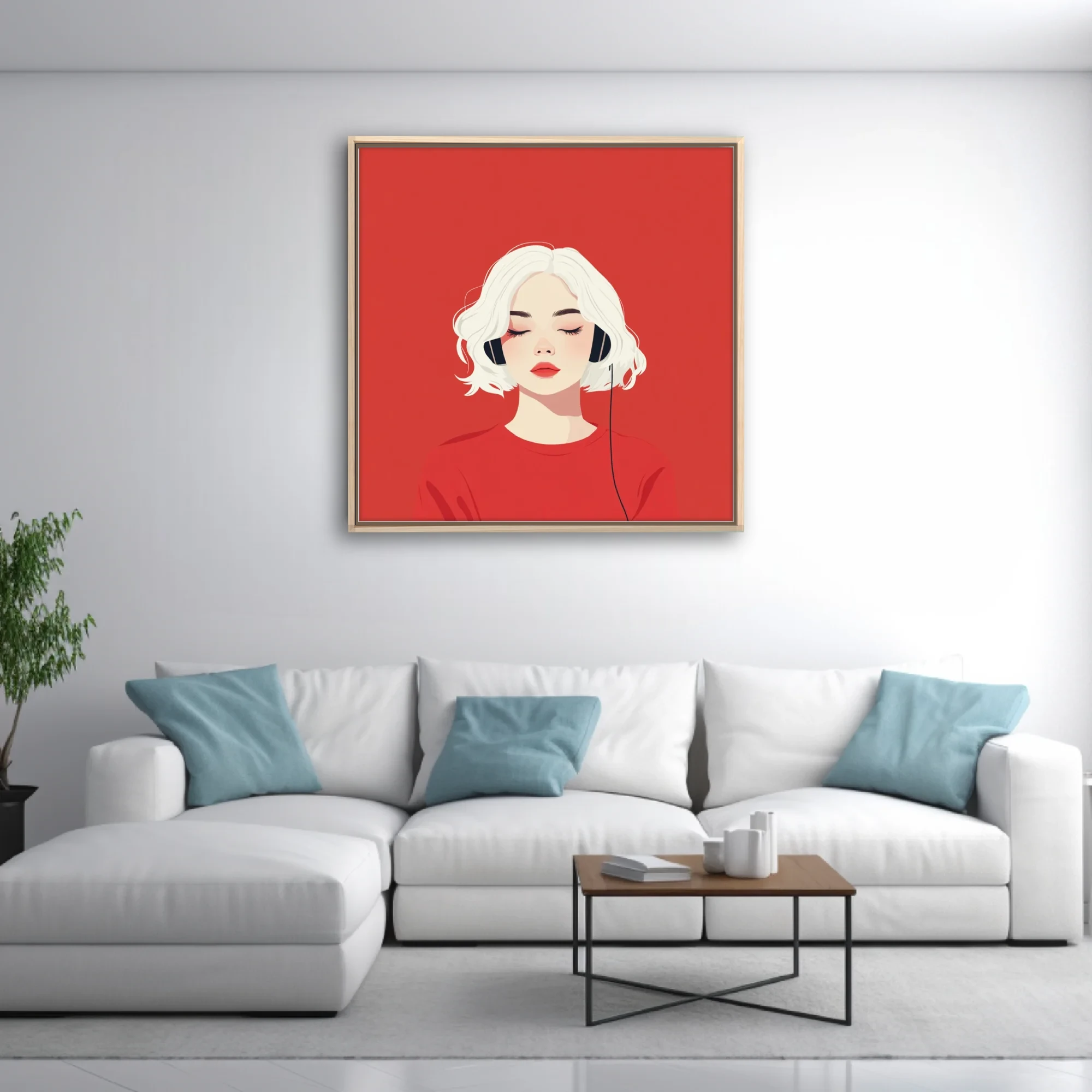 Minimalist flat graphic portrait of a woman in headphones, red palette, serene mood