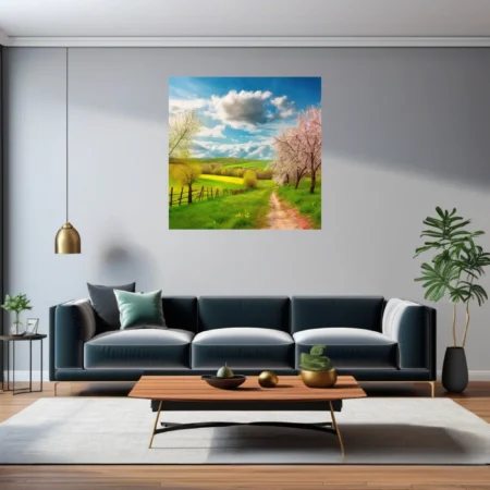 Spring countryside landscape with blossoming trees, green meadows, and winding path