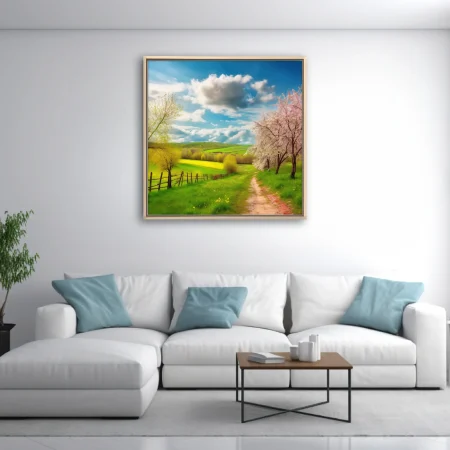 Spring countryside landscape with blossoming trees, green meadows, and winding path