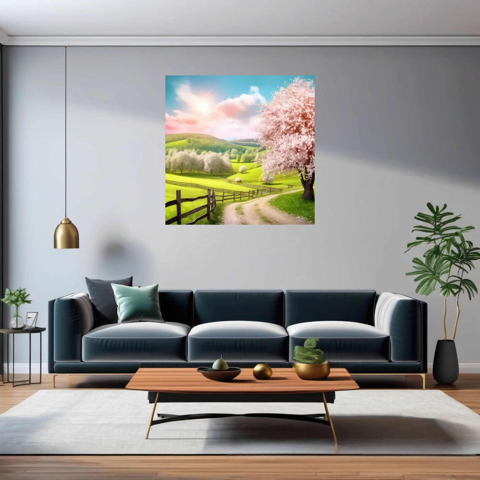 Spring landscape with cherry blossoms, green hills, and rustic fence