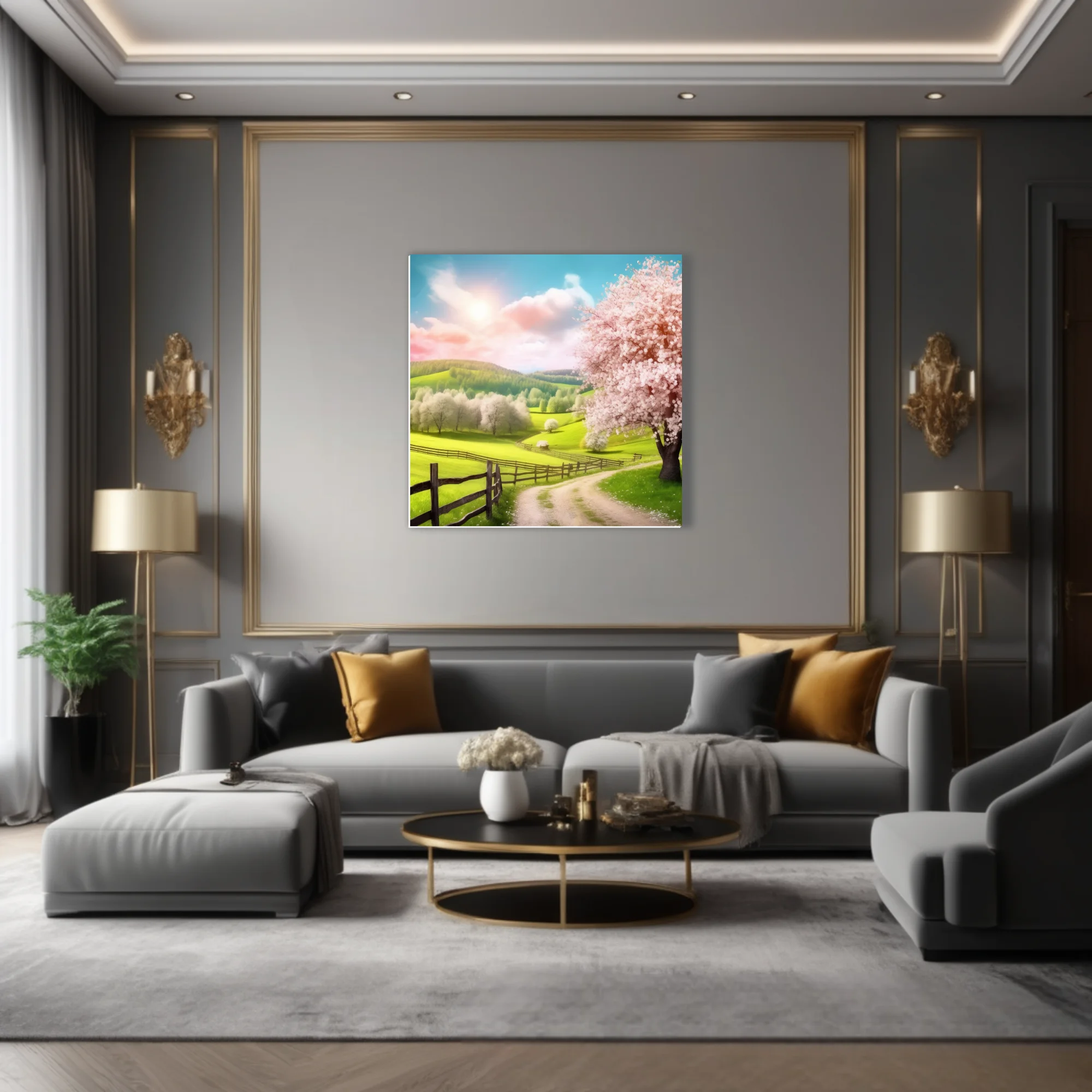 Spring landscape with cherry blossoms, green hills, and rustic fence