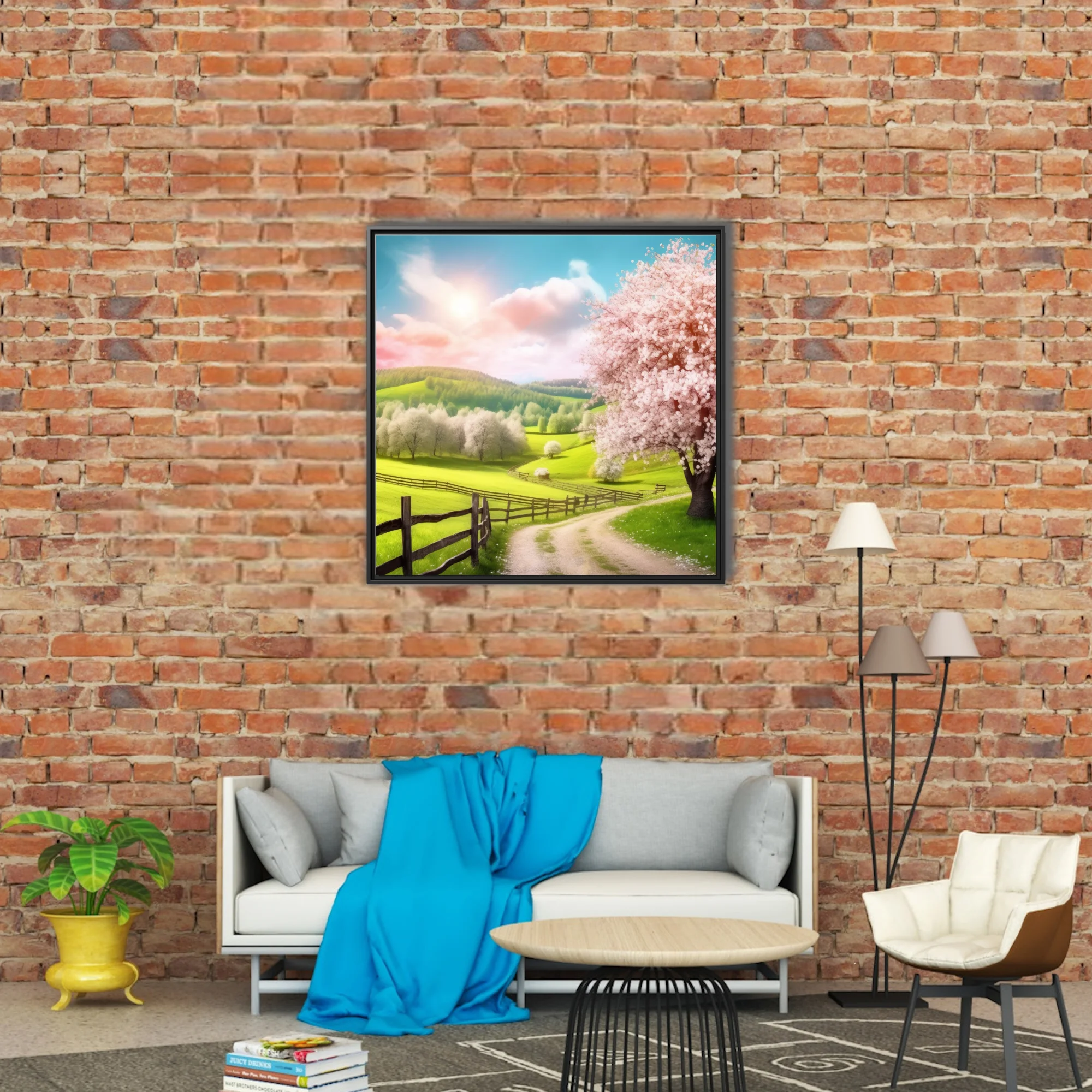 Spring landscape with cherry blossoms, green hills, and rustic fence