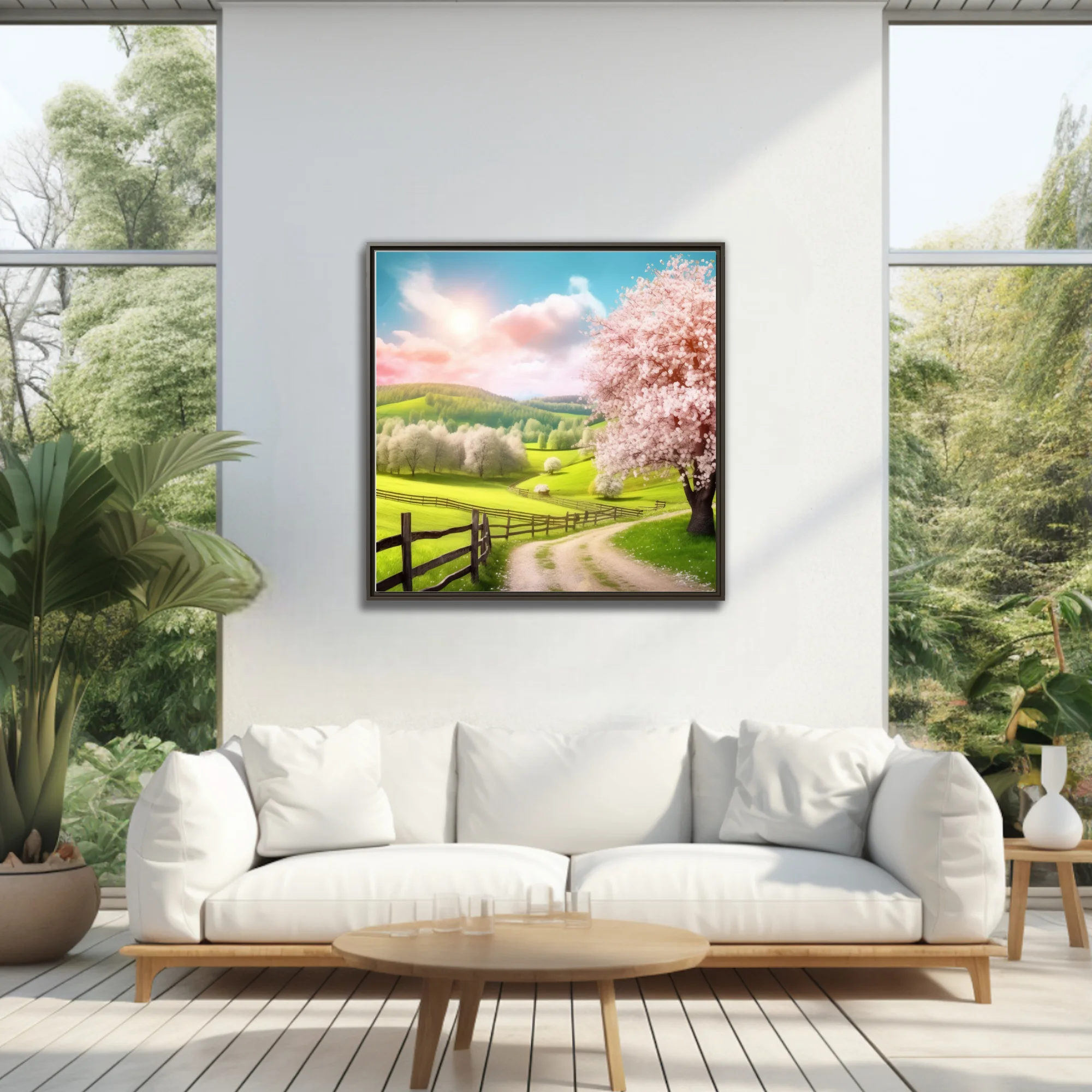 Spring landscape with cherry blossoms, green hills, and rustic fence