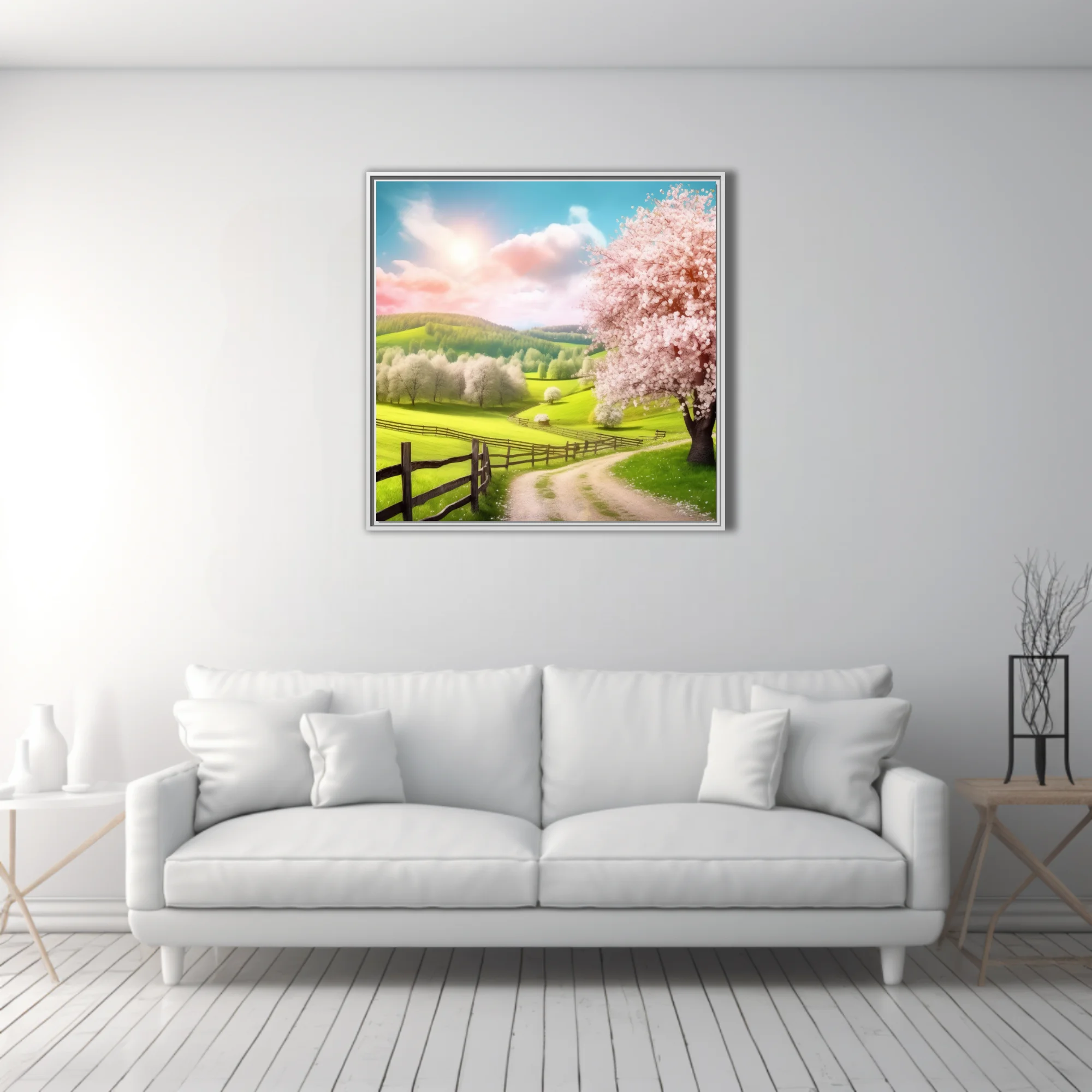 Spring landscape with cherry blossoms, green hills, and rustic fence
