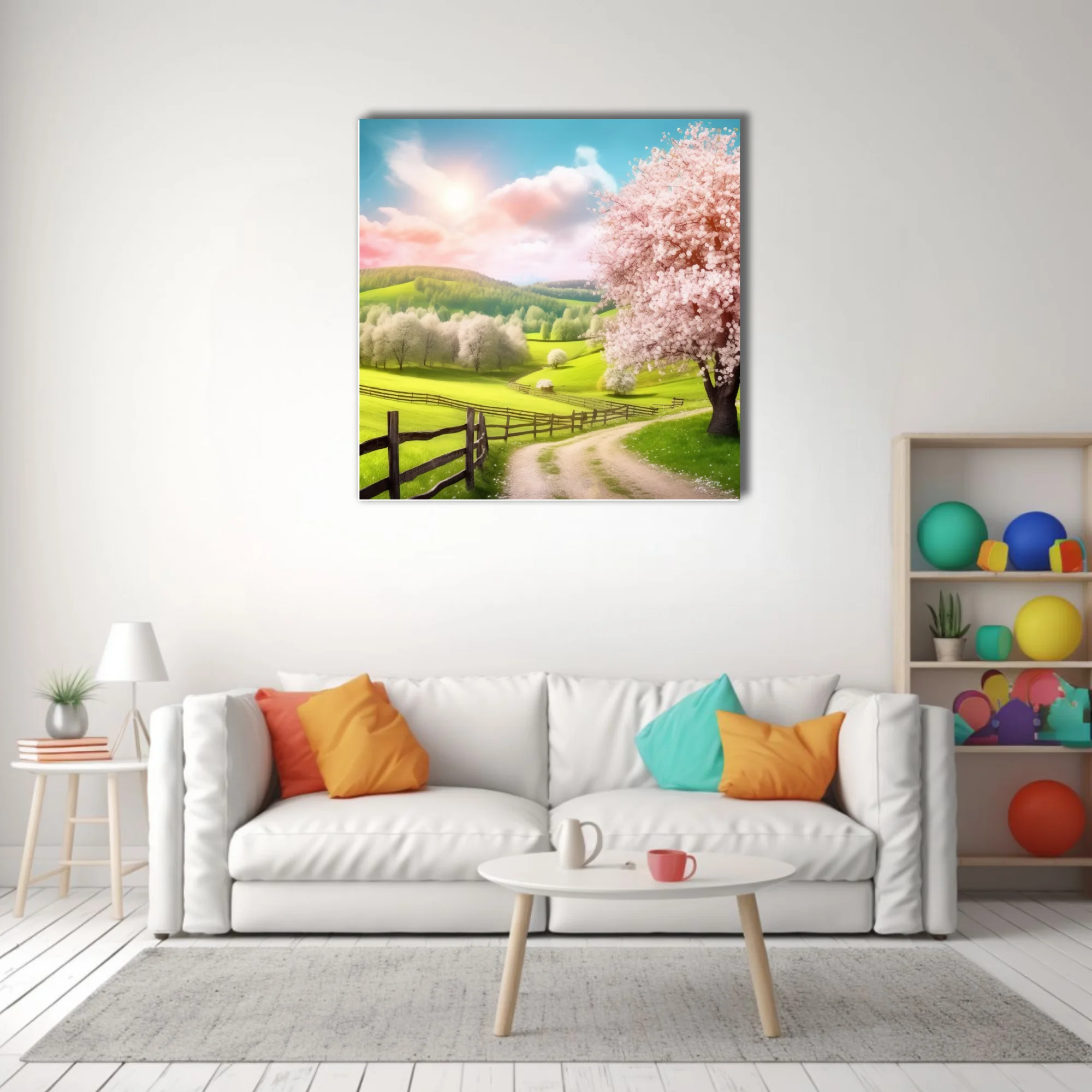 Spring landscape with cherry blossoms, green hills, and rustic fence