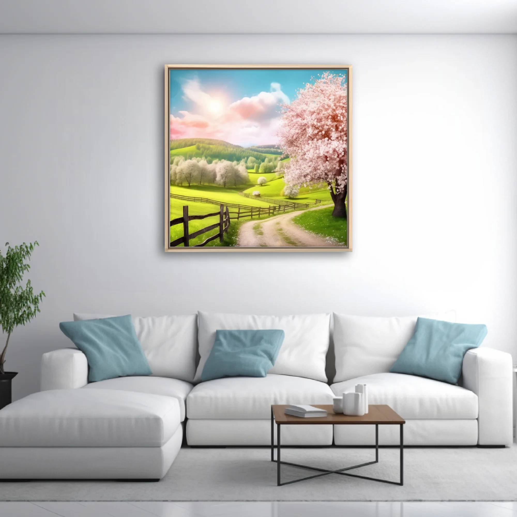Spring landscape with cherry blossoms, green hills, and rustic fence