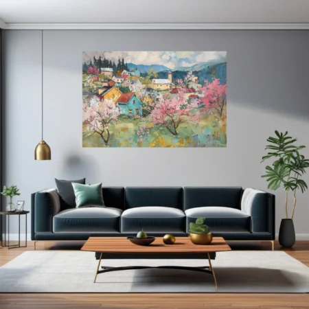 Soft painterly spring village with pink blossoms, teal cottages and rolling blue hills