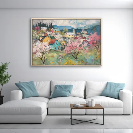 Soft painterly spring village with pink blossoms, teal cottages and rolling blue hills